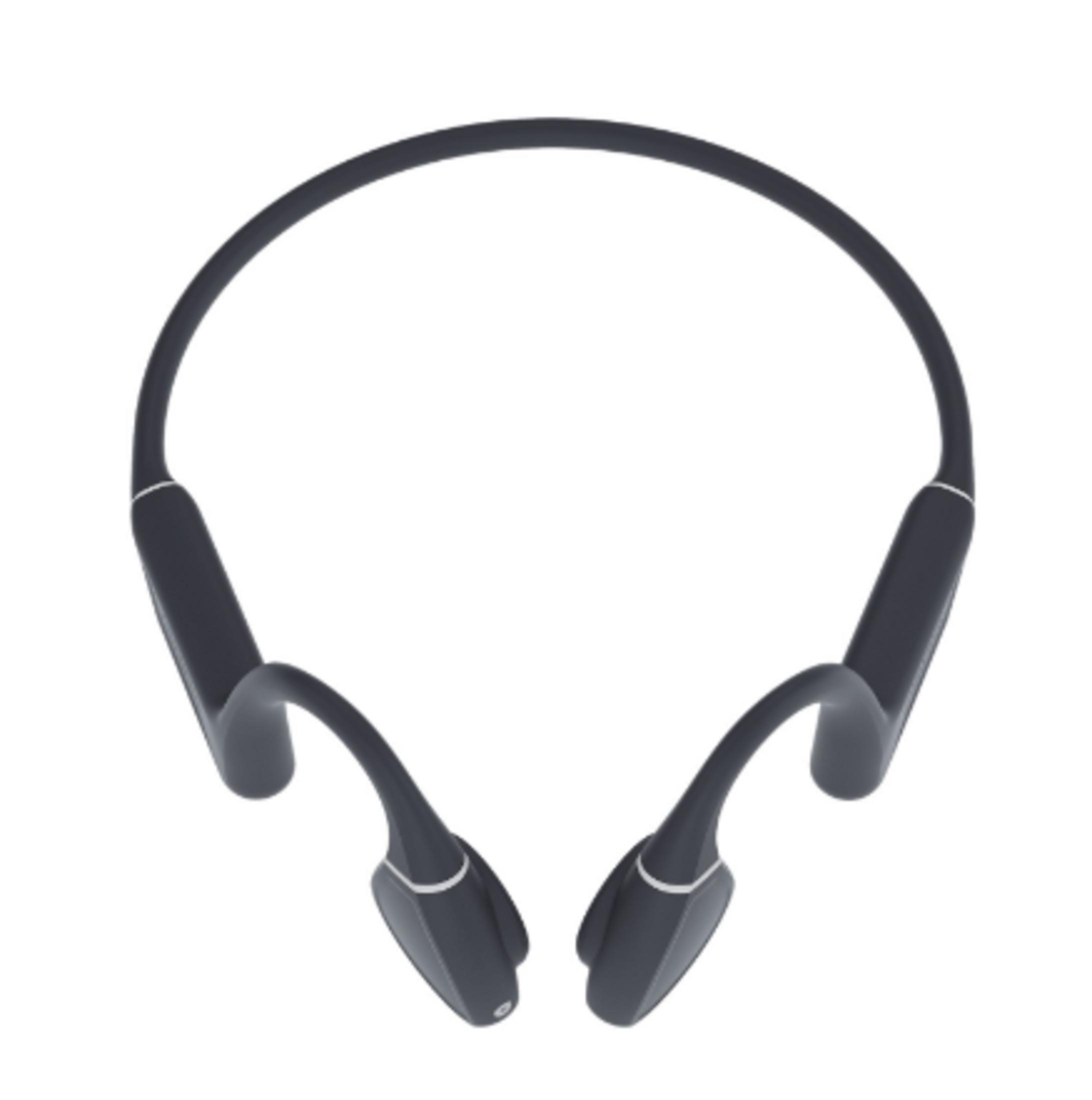 Ciemnoszare słuchawki kostne na białym tle. Słuchawki mają konstrukcję nauszną.