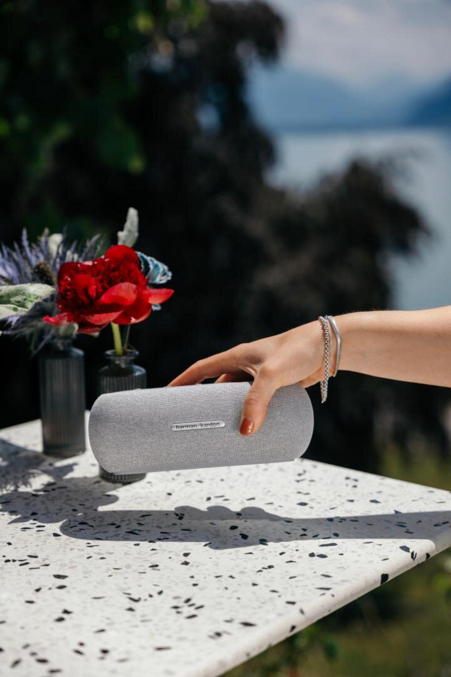 Una mano sostiene un altavoz gris Harman Kardon. Hay flores en jarrones sobre una mesa. Un lago y árboles al fondo.