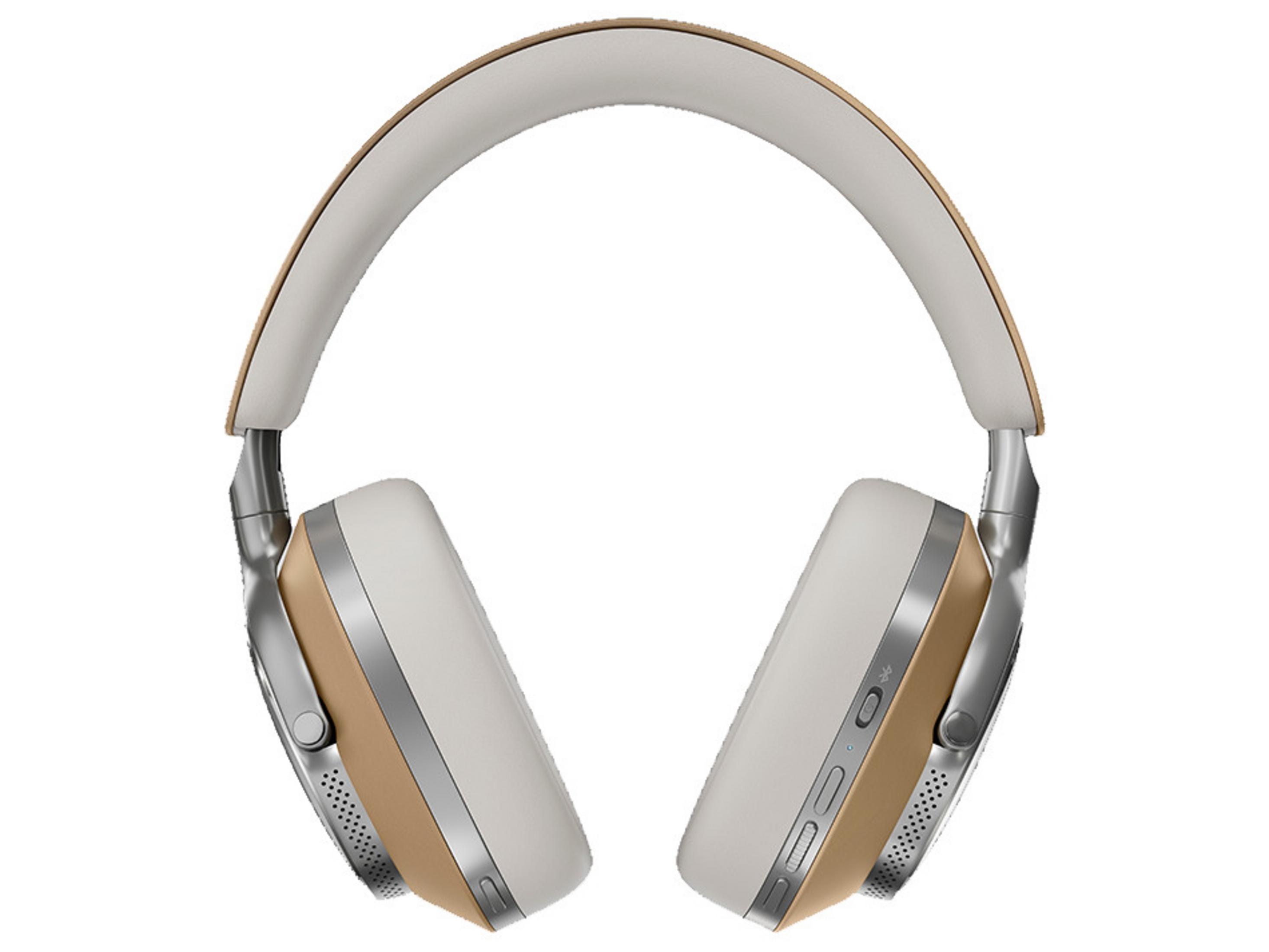 Cuffie over-ear con padiglioni e fascia bianchi, dettagli color beige e finiture argentate, sfondo bianco.