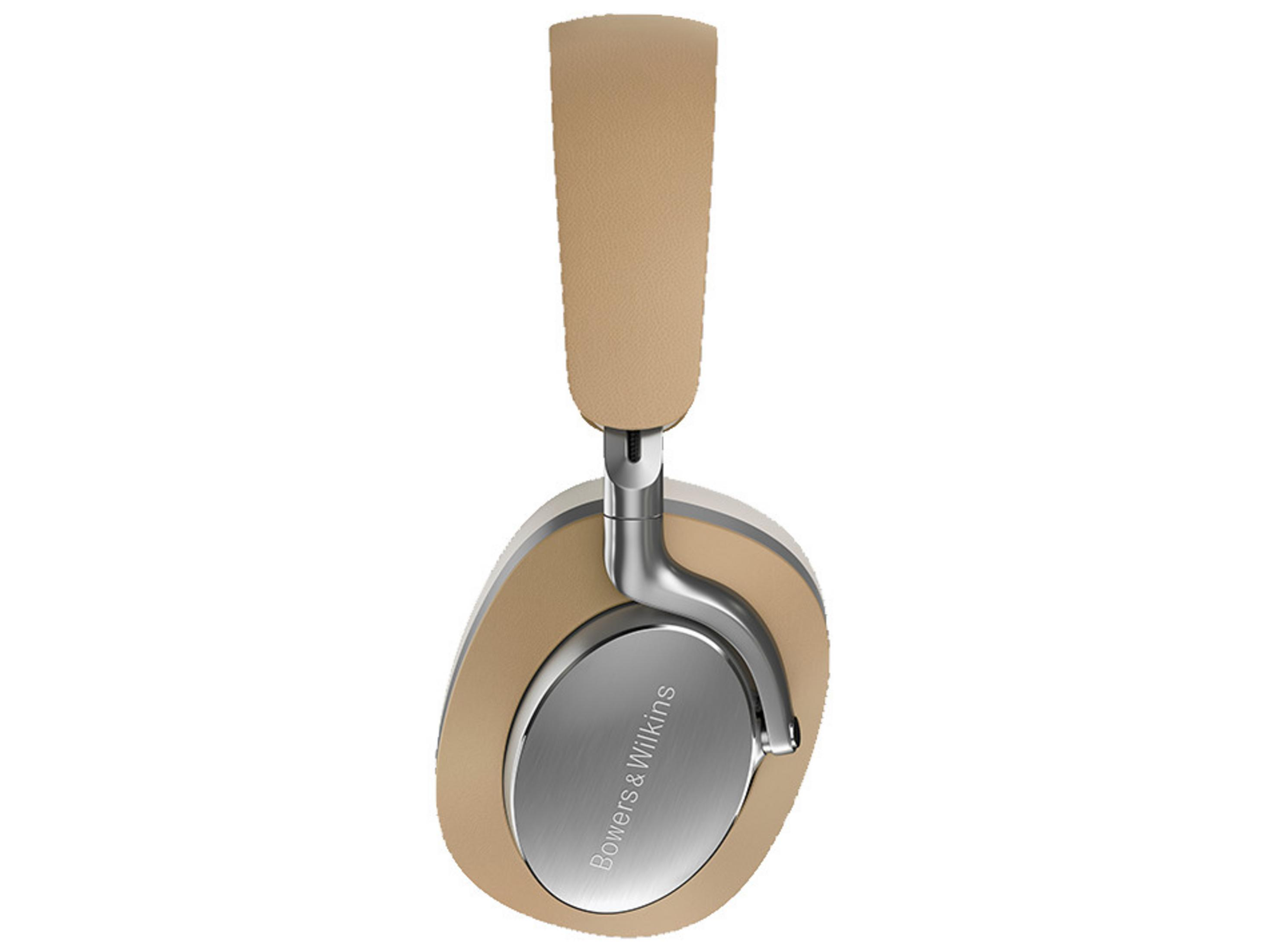 Cuffie over-ear con padiglioni e archetto beige. Bracci metallici e placca logo argentata. Sfondo bianco.