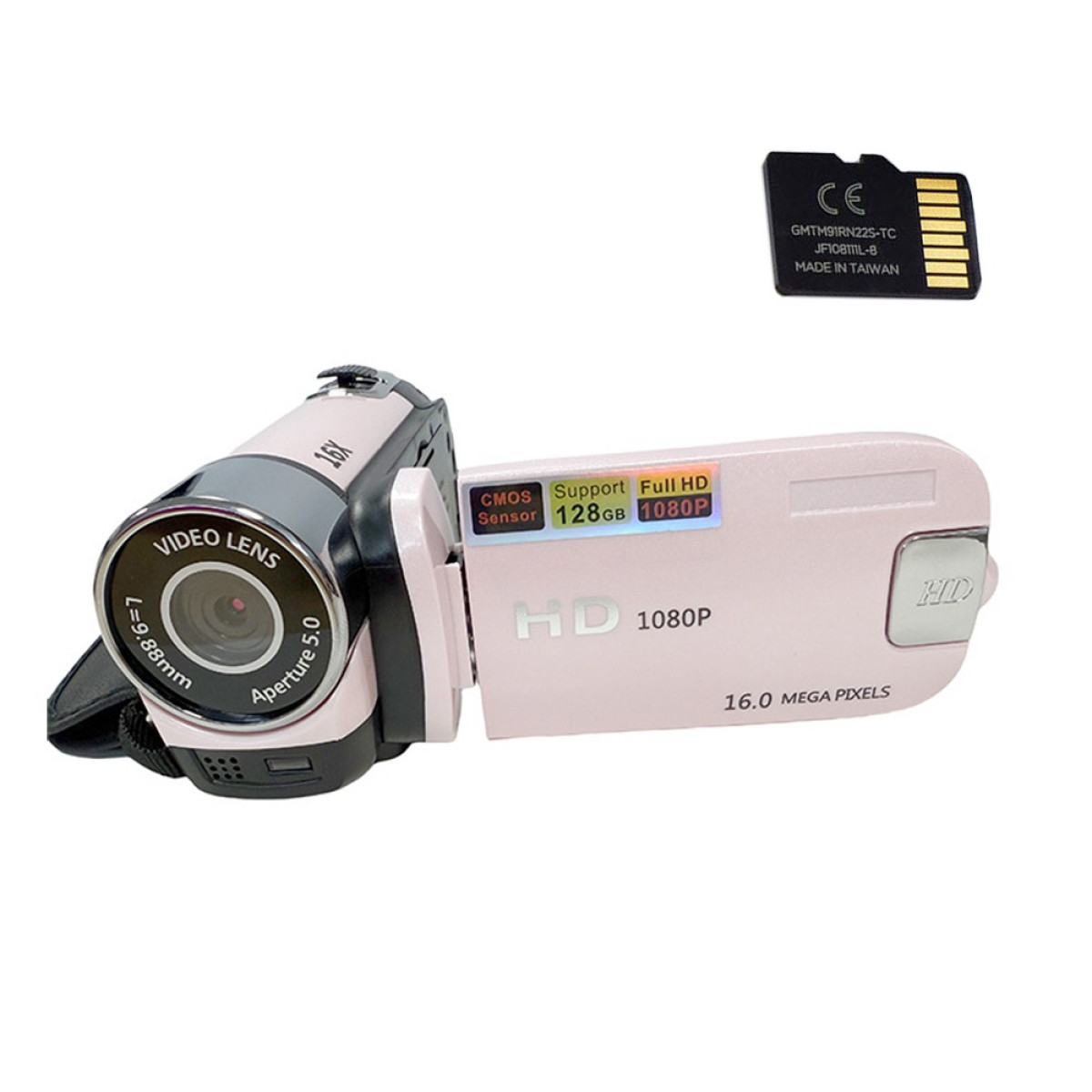 Różowa kamera wideo z obiektywem i kartą pamięci. Posiada HD, 1080P i 16,0 megapikseli.