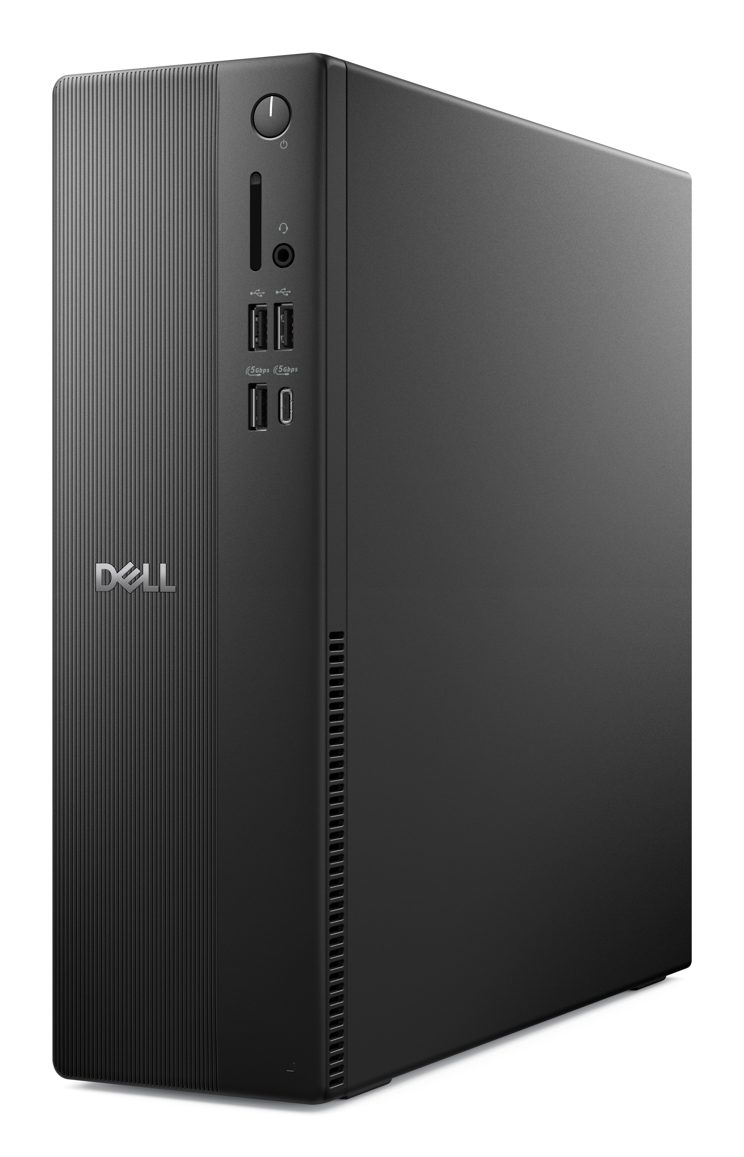 Un case per computer Dell nero. Ha il logo Dell, il pulsante di accensione, le porte USB e uno slot per schede SD.