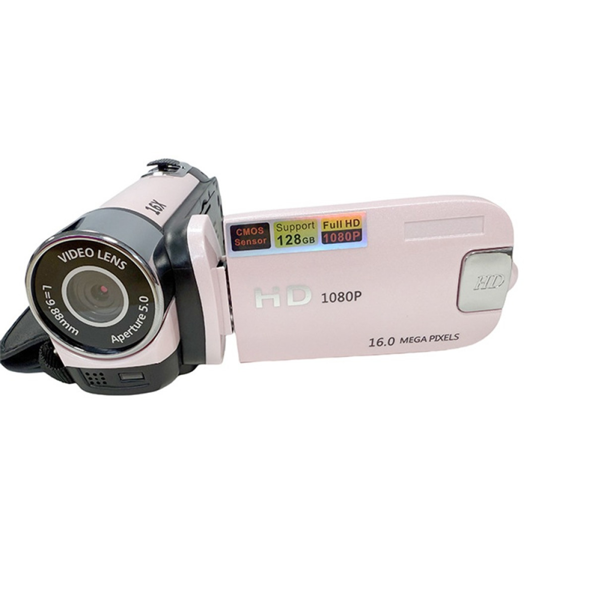 Różowa kamera wideo z obiektywem, wyświetlaczem i przyciskami. Ma tekst 'VIDEO LENS', '16X' i '1080P'.