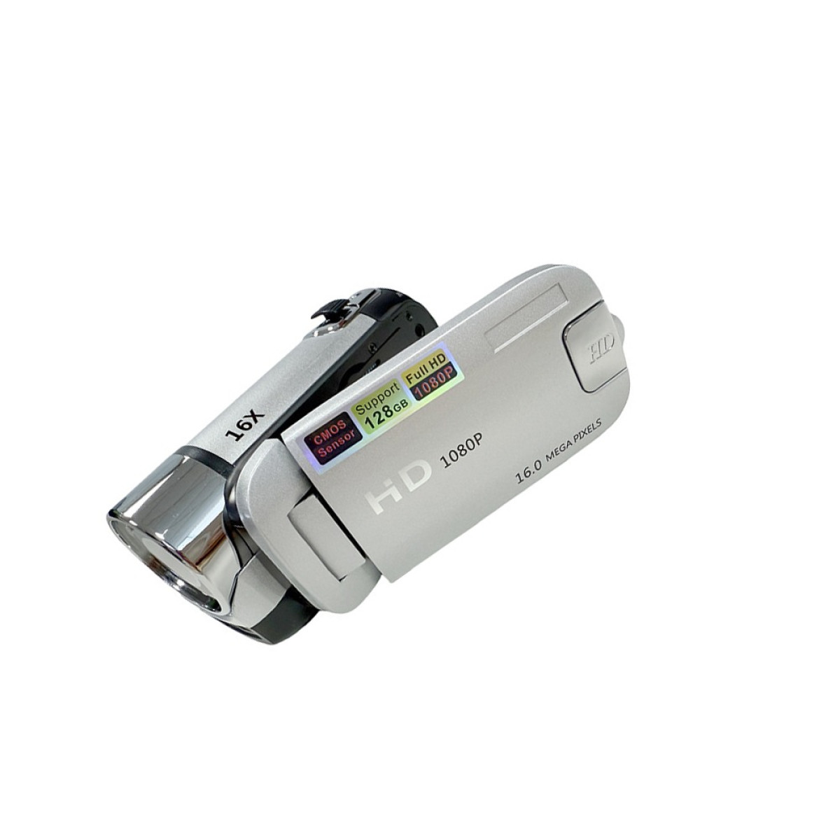Srebrna kamera z czarnymi akcentami. Funkcje obejmują zoom 16X, HD 1080P i 16.0 megapikseli. Wyświetlane na białym tle.