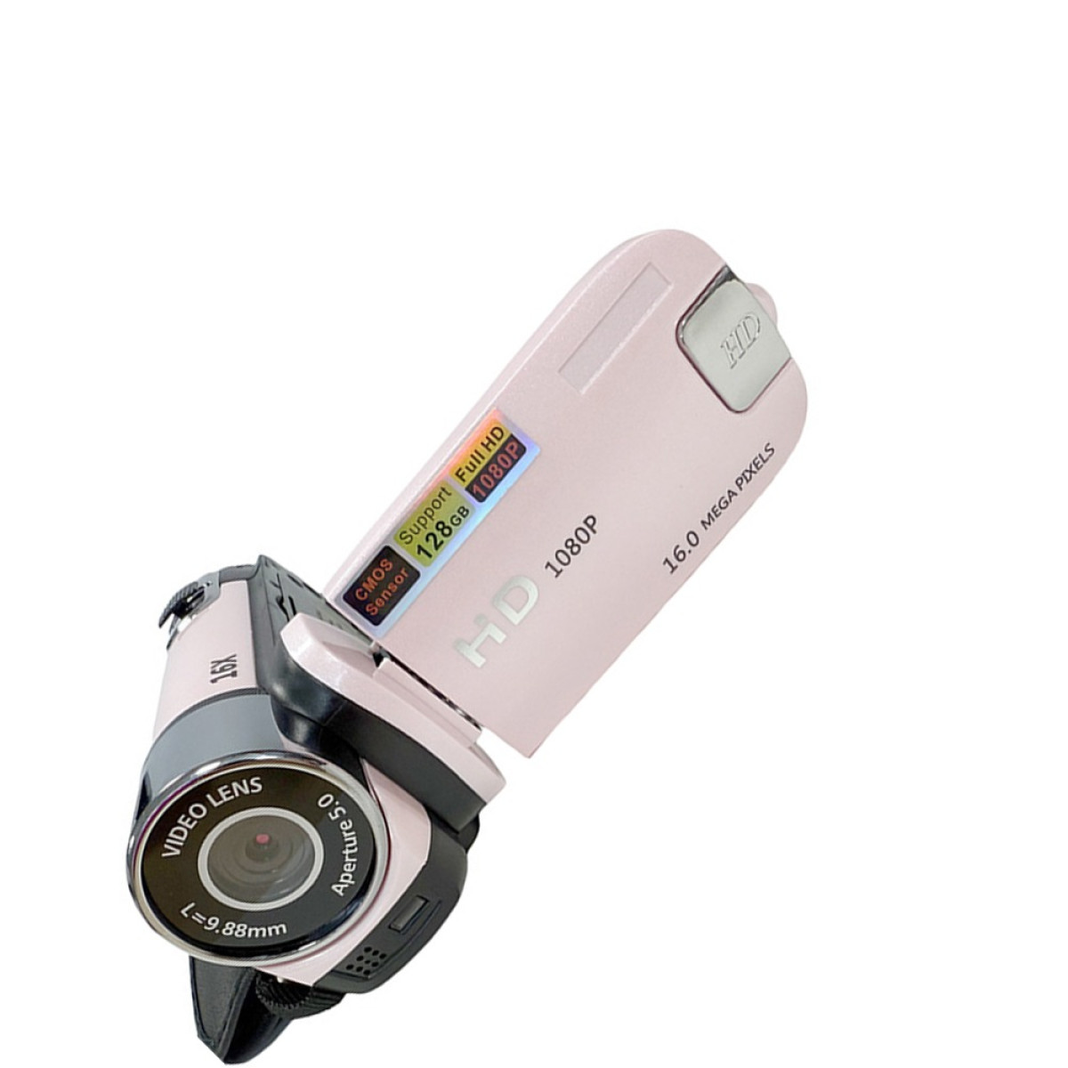 Różowa i szara kamera wideo z obiektywem, przyciskami i ekranem. Ma tekst wskazujący zoom 16X, HD i 16,0 megapikseli.