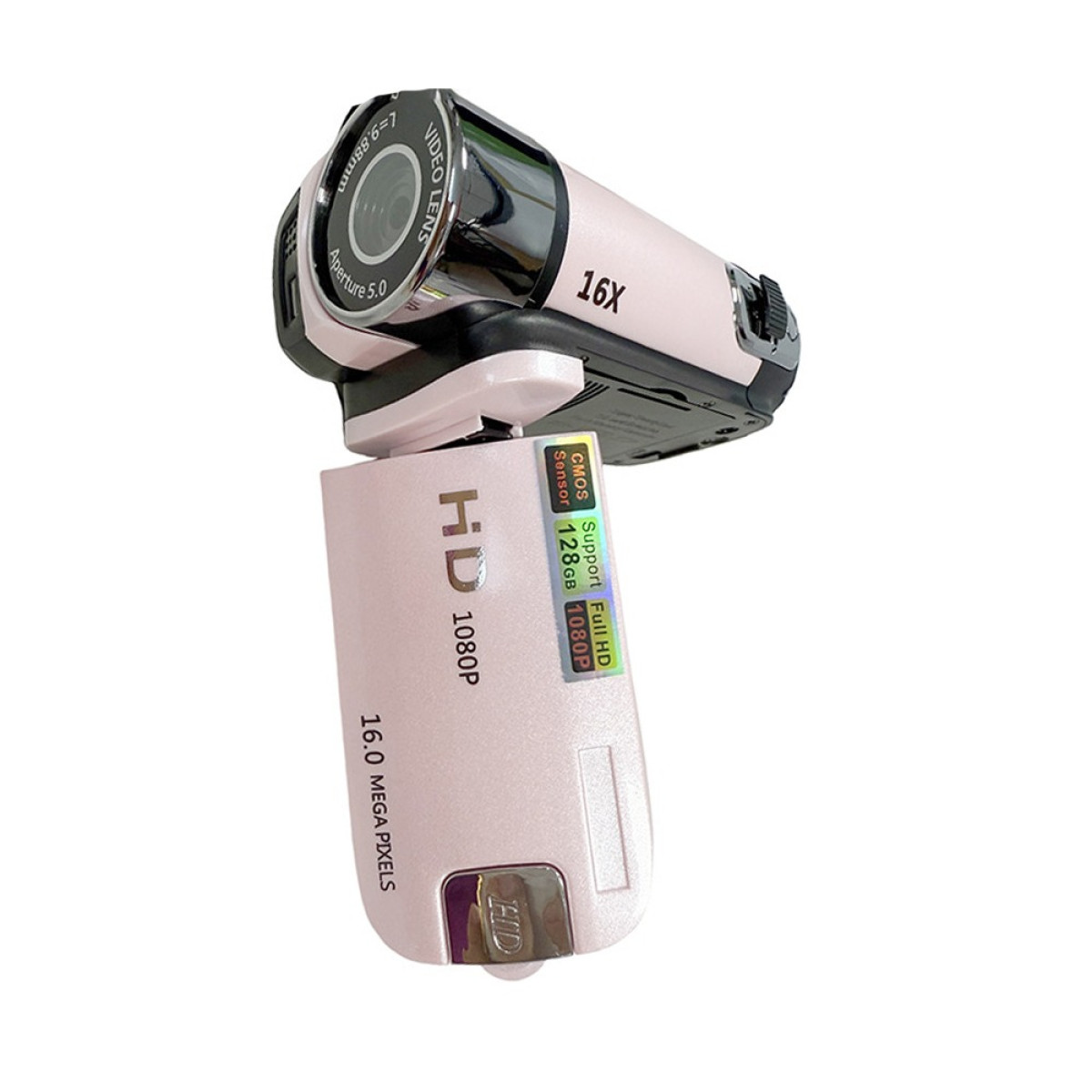 Różowa kamera wideo z obiektywem, zoomem 16X i funkcjami HD 1080P. Posiada czujnik CMOS i obsługuje 128 GB. Kamera jest odizolowana na białym tle.