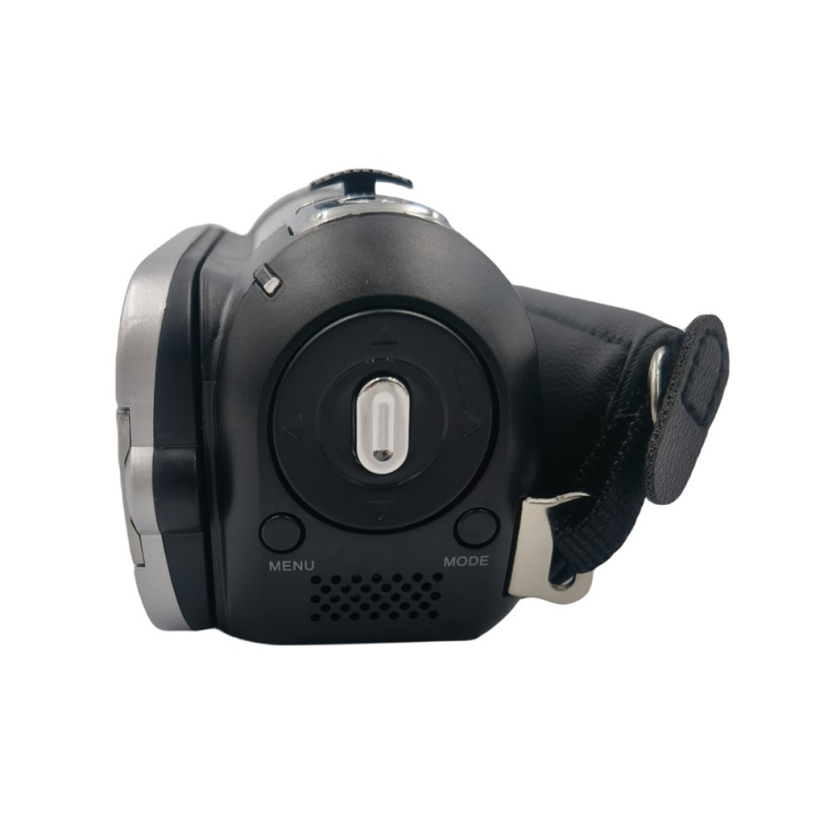 Czarna kamera wideo ze srebrnymi akcentami. Posiada pasek na nadgarstek i przyciski z etykietami 'MENU' i 'MODE'. Wyizolowana na białym tle.