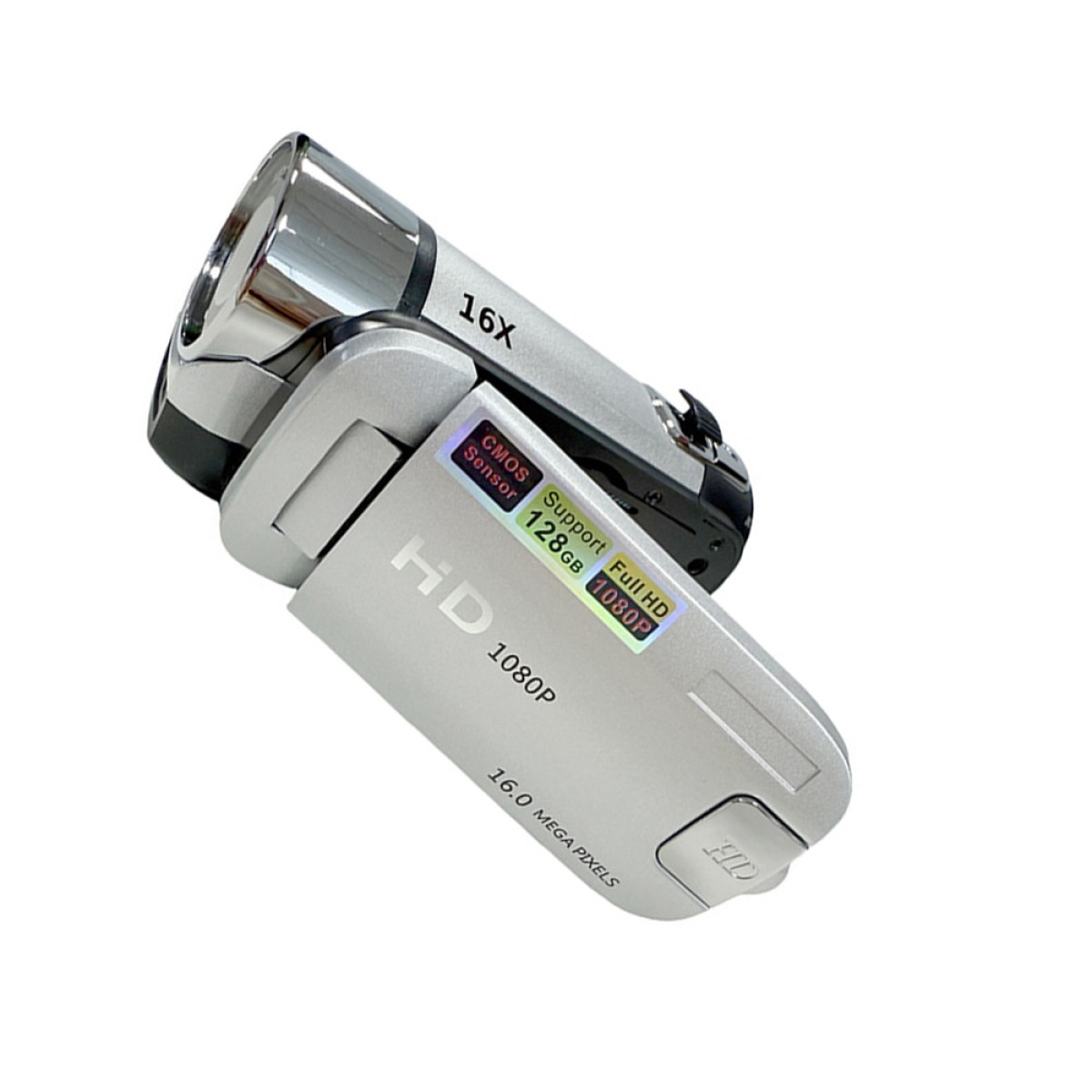 Srebrna cyfrowa kamera wideo z czarnym obiektywem. Posiada HD 1080P i zoom 16X. Naklejka pokazuje czujnik CMOS i obsługę 128GB.