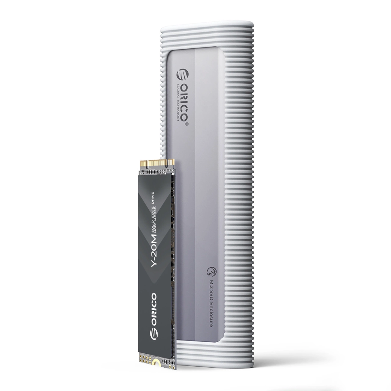 Un SSD M.2 e un alloggiamento. L'SSD è nero con testo bianco e l'alloggiamento è bianco con il nome del marchio.