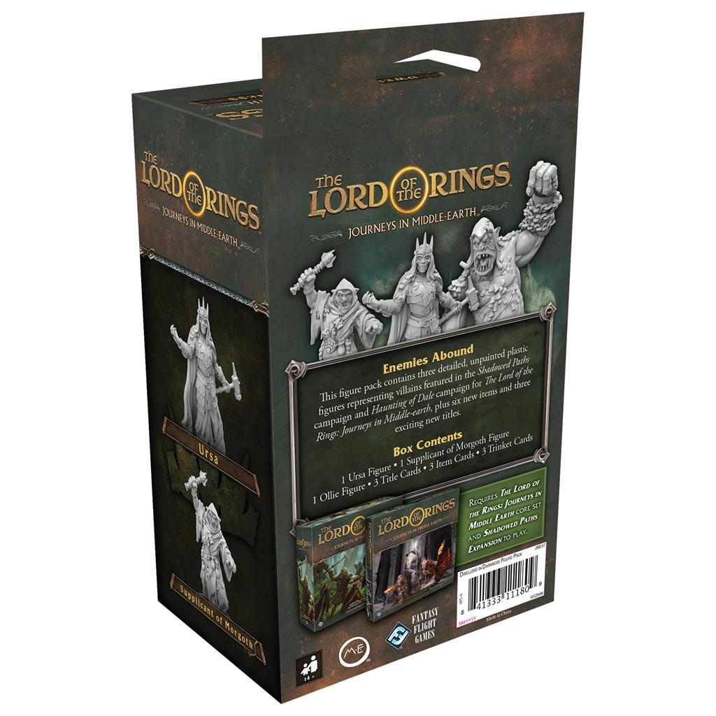 Eine Lord of the Rings Spielbox. Es zeigt Figuren von Schurken und eine Inhaltsliste.