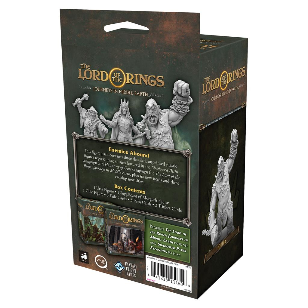 Schachtelkunst für das Spiel 'Der Herr der Ringe'. Zeigt Figuren und Text, darunter 'Enemies Abound' und 'Box Contents'.