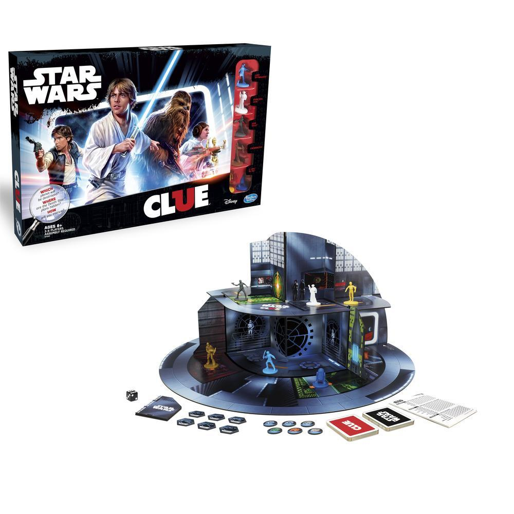 Star Wars Clue-Spiel: Schachtel mit Figuren, Spielbrett mit Räumen, Spielfiguren, Würfeln, Karten. Charaktere sind Luke, Leia, Chewbacca.
