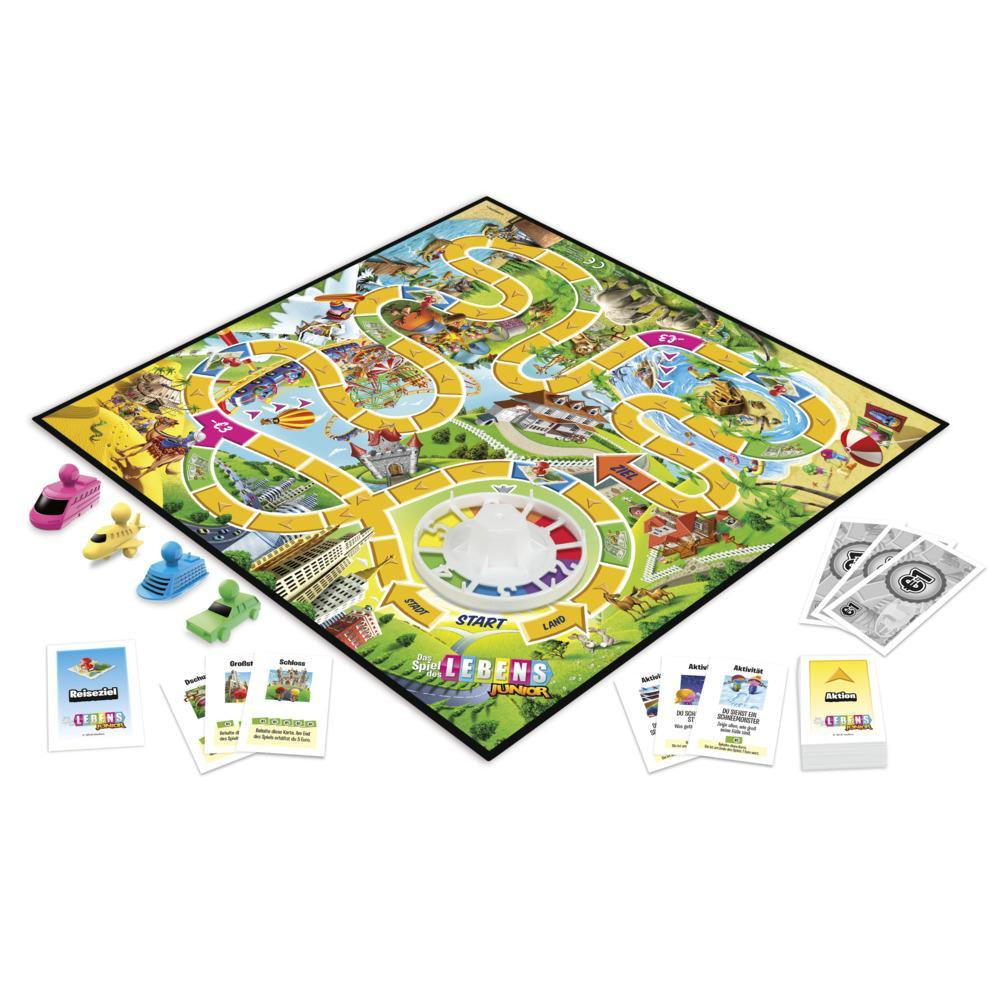 Ein Brettspiel mit buntem Spielbrett, Spielfiguren, Karten und einem Spinner. Das Spiel heißt 'Das Spiel des Lebens Junior'.