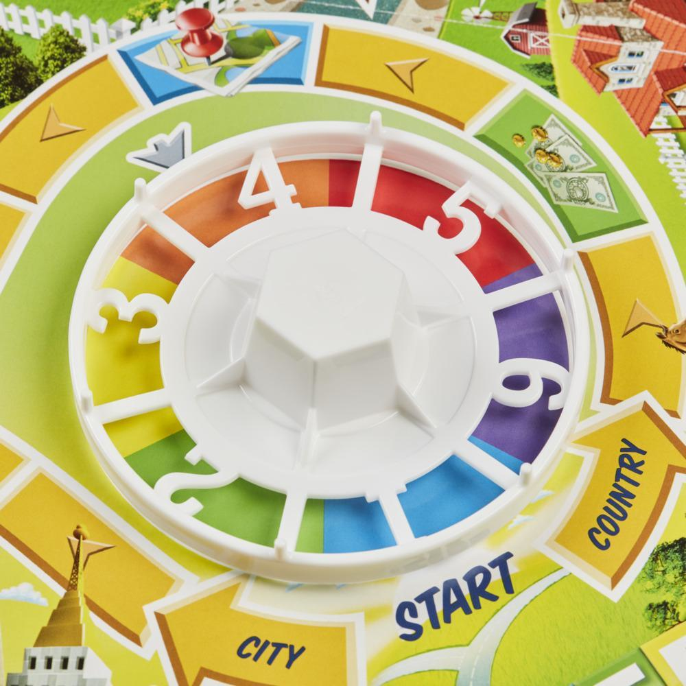 Ein Brettspiel mit einem weißen Spinner in der Mitte, umgeben von bunten Segmenten und Spielelementen. Die Worte 'Start', 'City', 'Country' sind sichtbar.