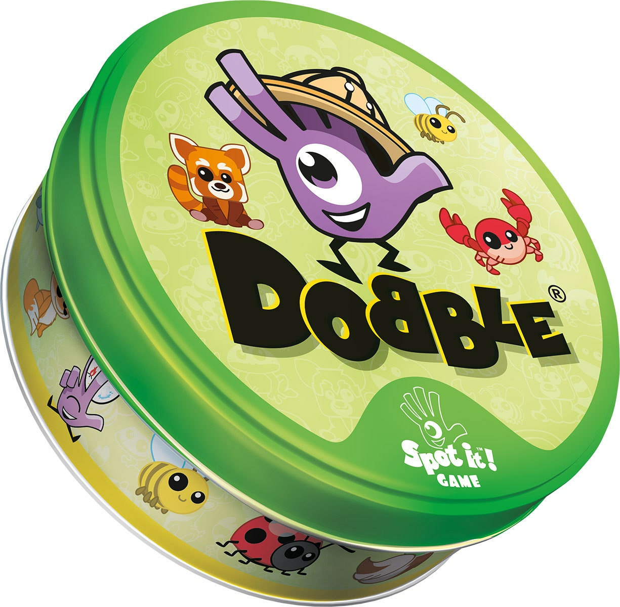 Eine runde 'Dobble'-Spieldose mit Zeichentrickfiguren. Enthält eine lila Hand mit Hut, einen roten Panda, eine Krabbe, eine Biene und einen Marienkäfer.