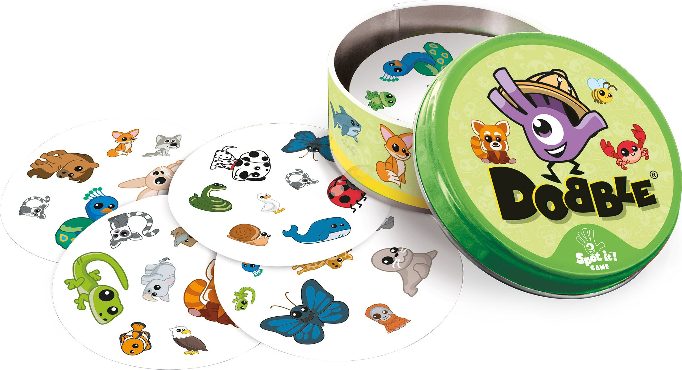 Dobble-Spielset mit runden Karten mit verschiedenen Tierillustrationen und einer grünen Dose.