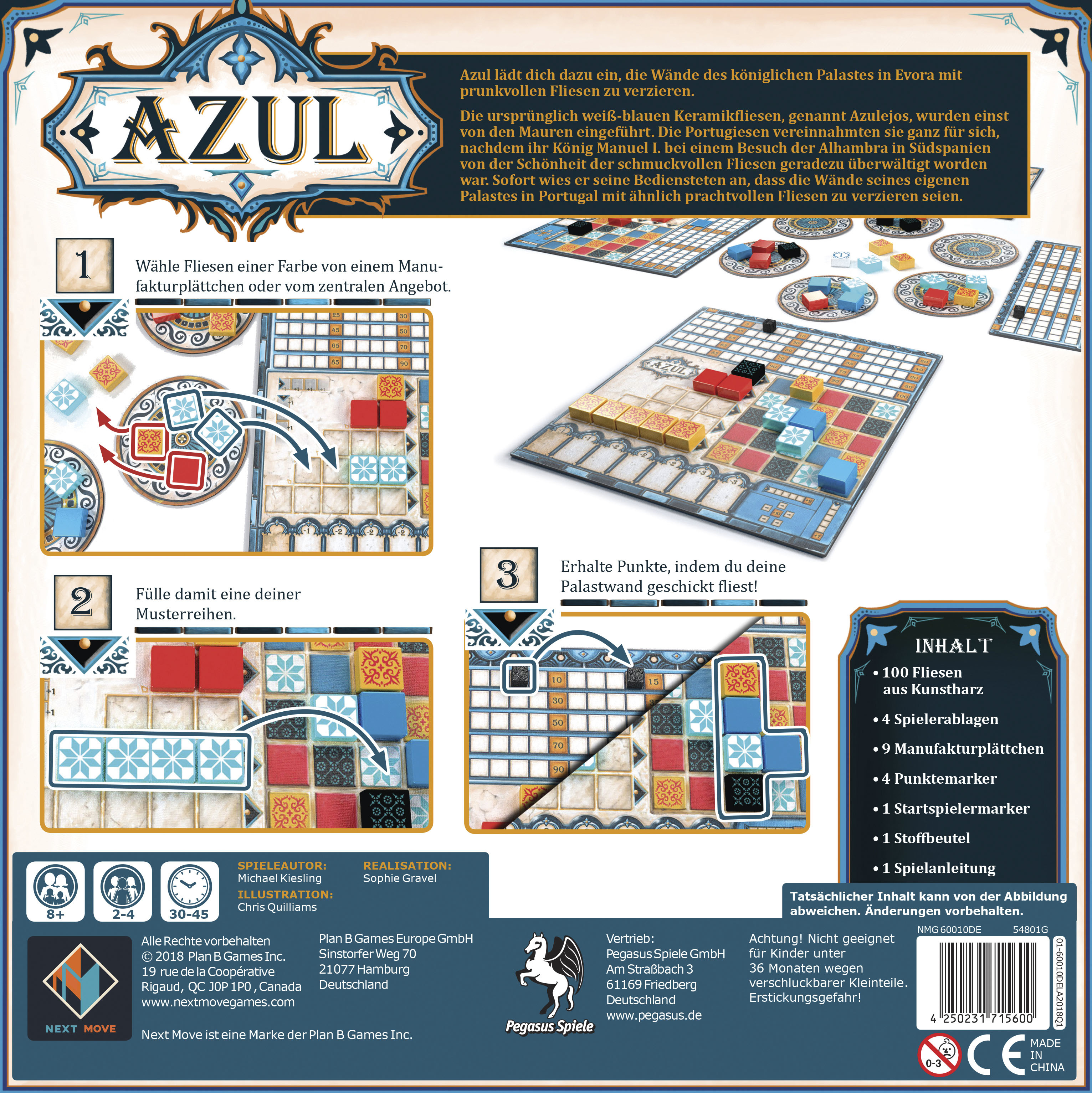 Spielbox mit Azul-Titel, Spielsteinen und Anweisungen, mit bunten Fliesen.