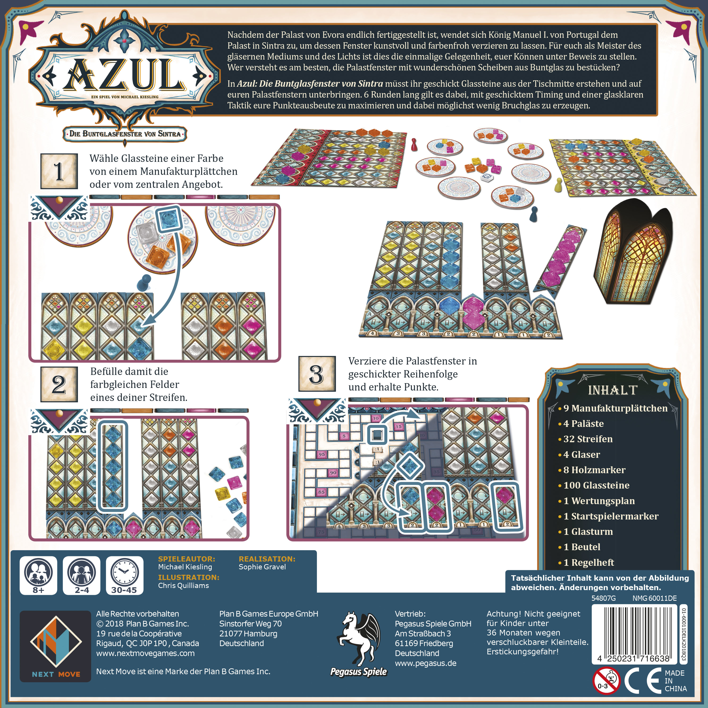 Azul Brettspielbox. Bunte Box mit Spieltitel und Elementen. Anweisungen für das Spiel sind sichtbar.