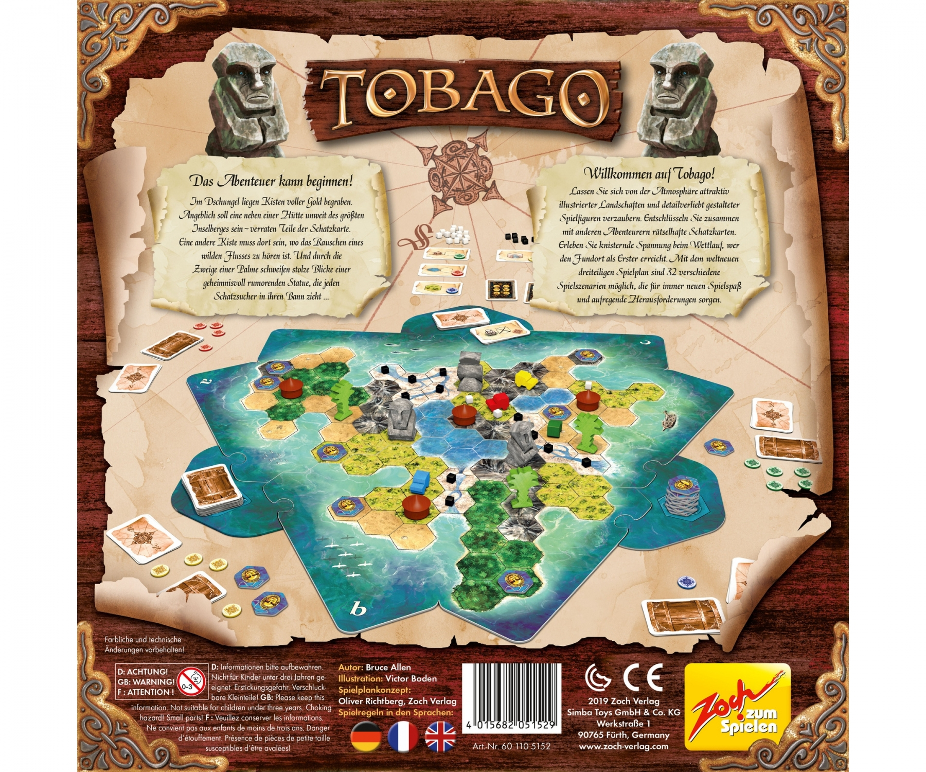 Tobago-Brettspielbox mit Spielsteinen. Holzuntergrund, Spieletitel oben und zwei Steinstatuen. Inselkarte.