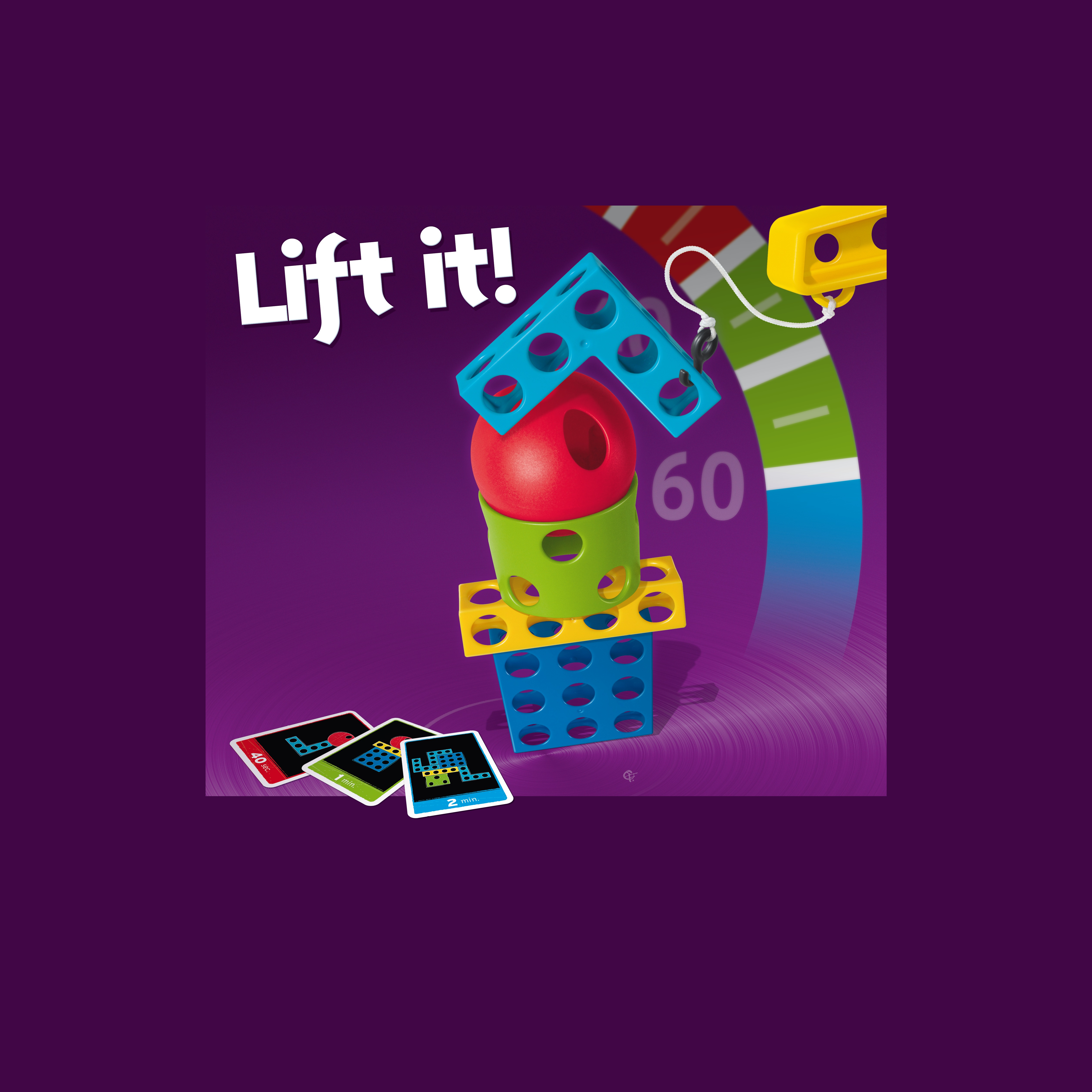 Das Bild zeigt ein Spiel mit bunten Blöcken und Karten. Das Spiel heißt "Lift it!". Der Hintergrund ist lila.