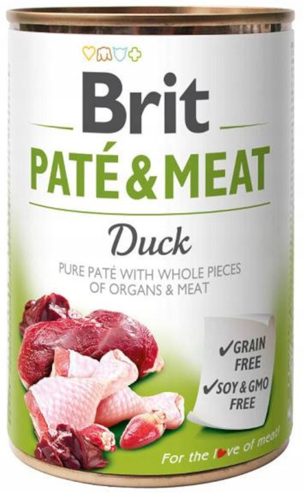 Puszka Brit Paté & Meat Duck. Surowe mięso z kaczki i pałki z przodu. Puszka mówi: bez zbóż i soi/GMO.