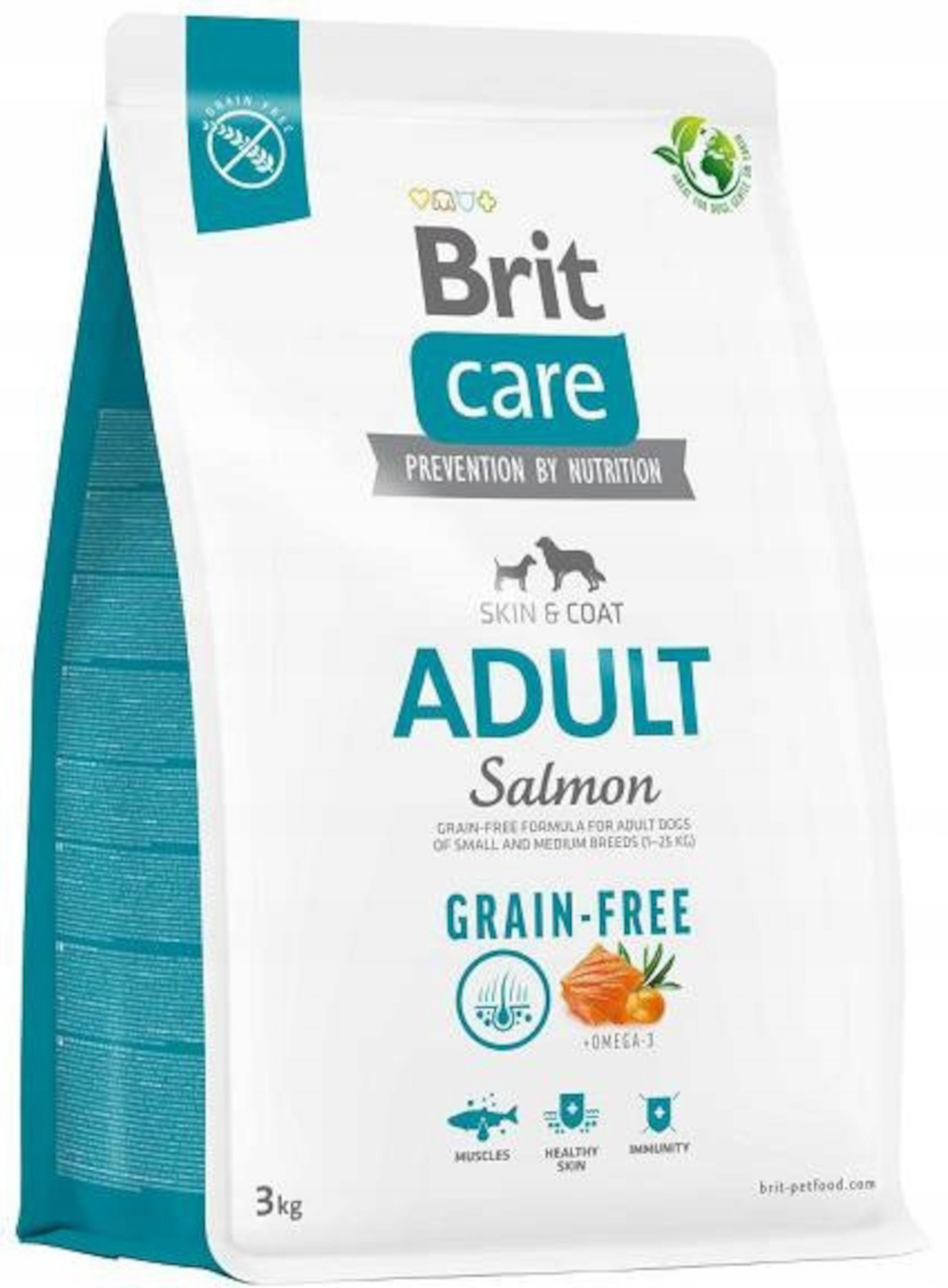 Biała torba karmy dla psów Brit Care. Napis 'Adult Salmon Grain-Free' z obrazami psa, łososia i innych ikon.