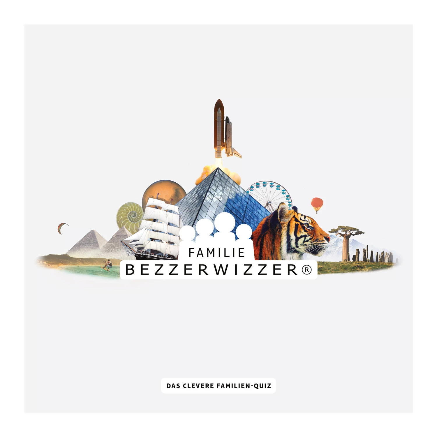 Un collage con uno shuttle, una piramide, una tigre, una barca a vela, una ruota panoramica e monumenti, con testo 'Familie Bezzerwizzer'.