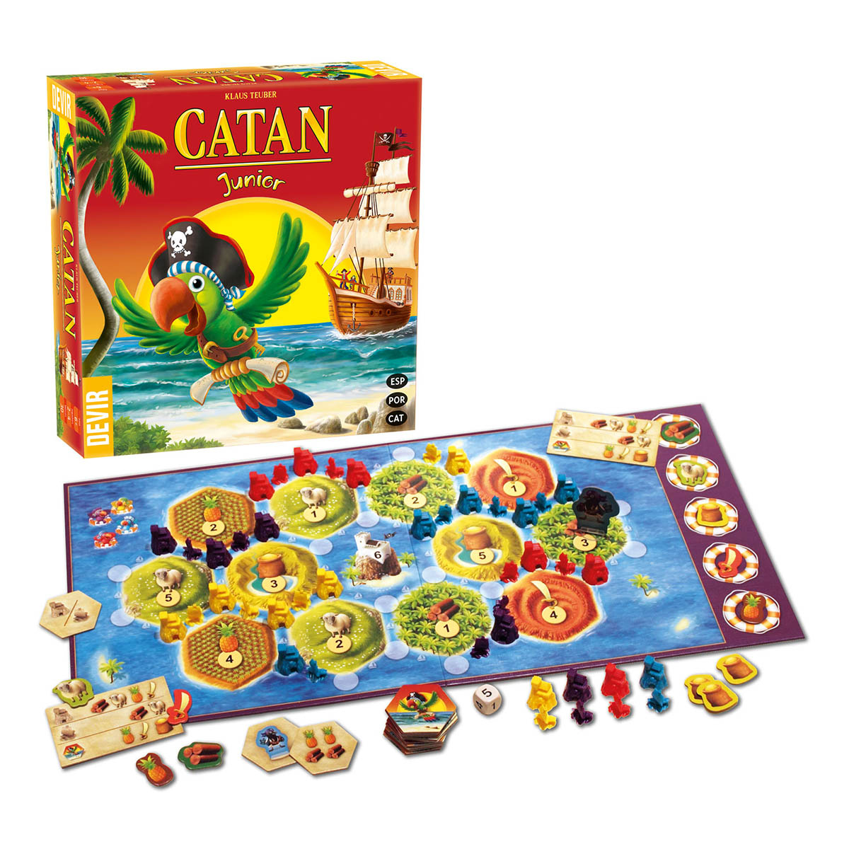 Caja del juego de mesa Catan Junior con un loro y un barco. El tablero muestra islas con recursos y figuras de jugadores.