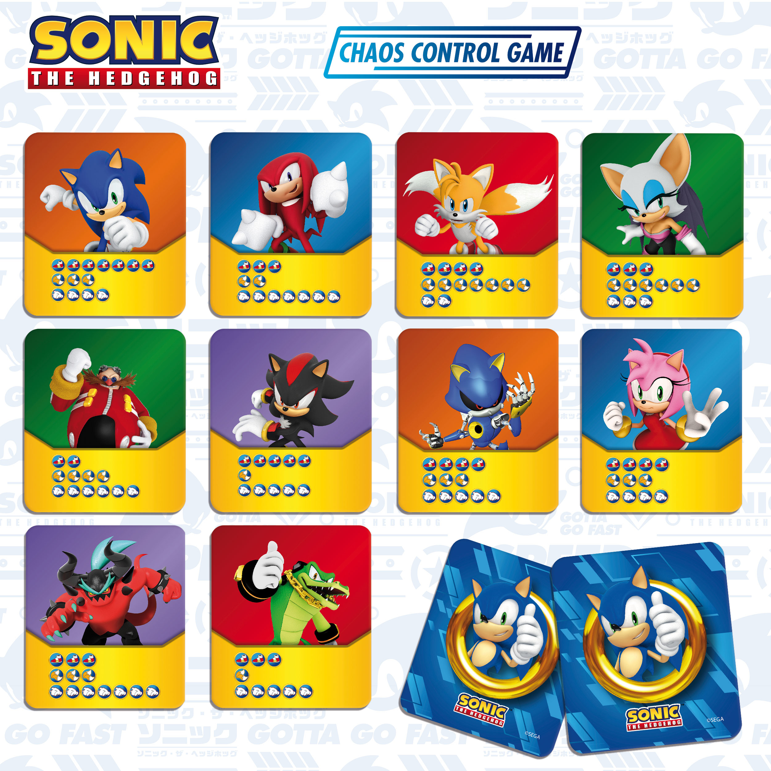 Sonic-Kartenspiel. Charaktere sind Sonic, Knuckles, Tails und andere. Karten haben Charakterbilder.