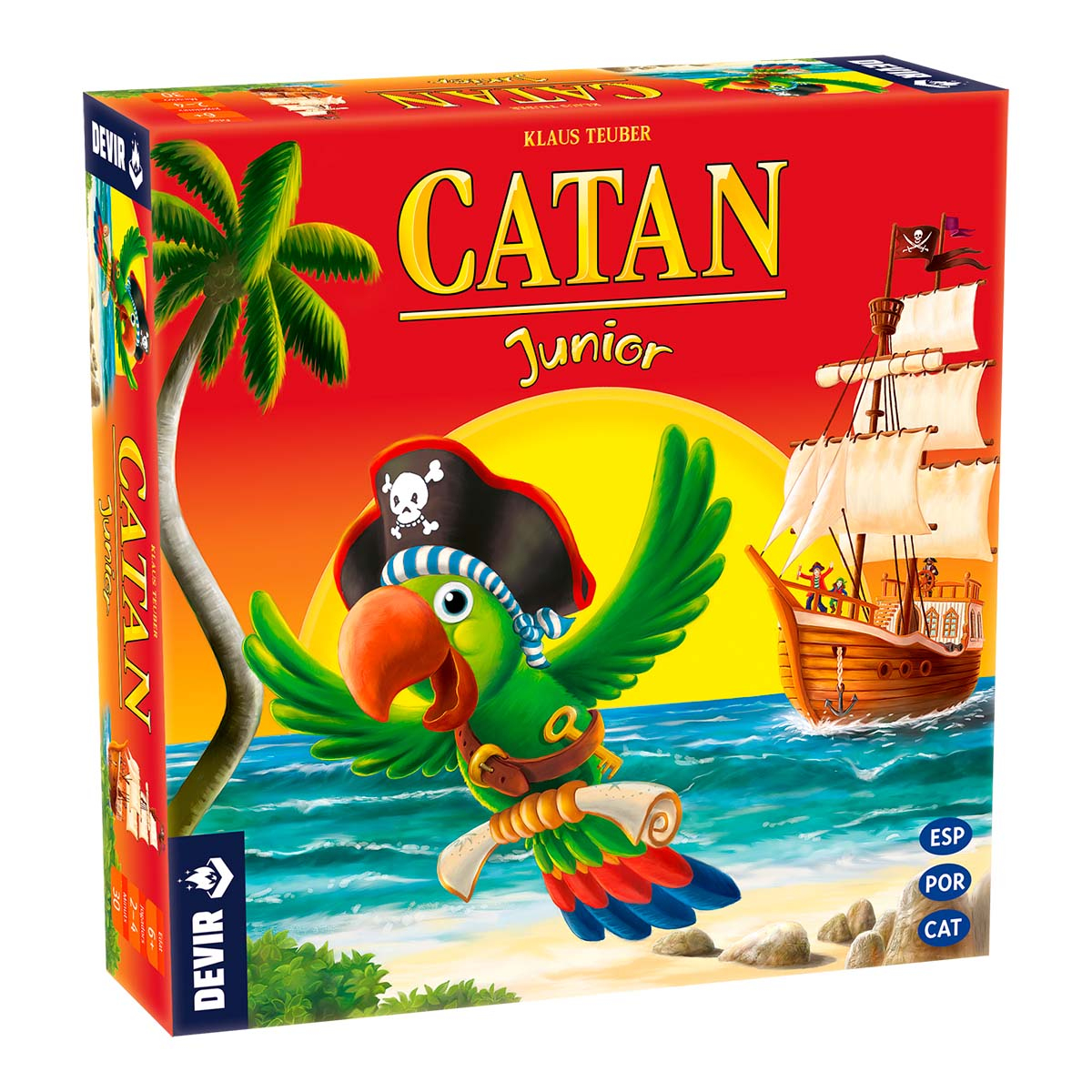 Caja Catan Junior. Un loro pirata, un barco y una palmera están en una playa con el mar y la puesta de sol de fondo.