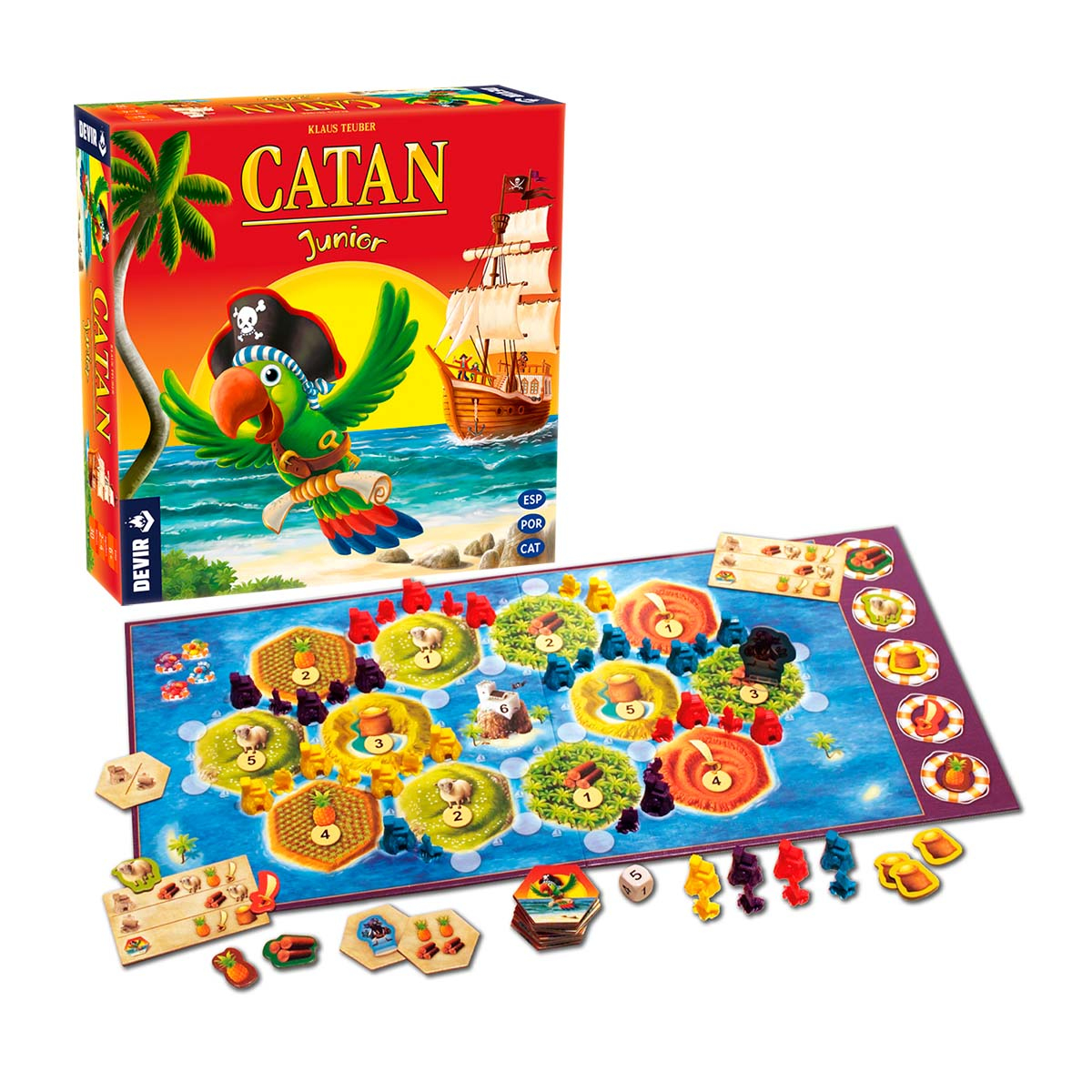 Juego de mesa Catan Junior. Un loro con sombrero de pirata vuela cerca de un barco en la caja. El tablero y las piezas del juego son visibles.