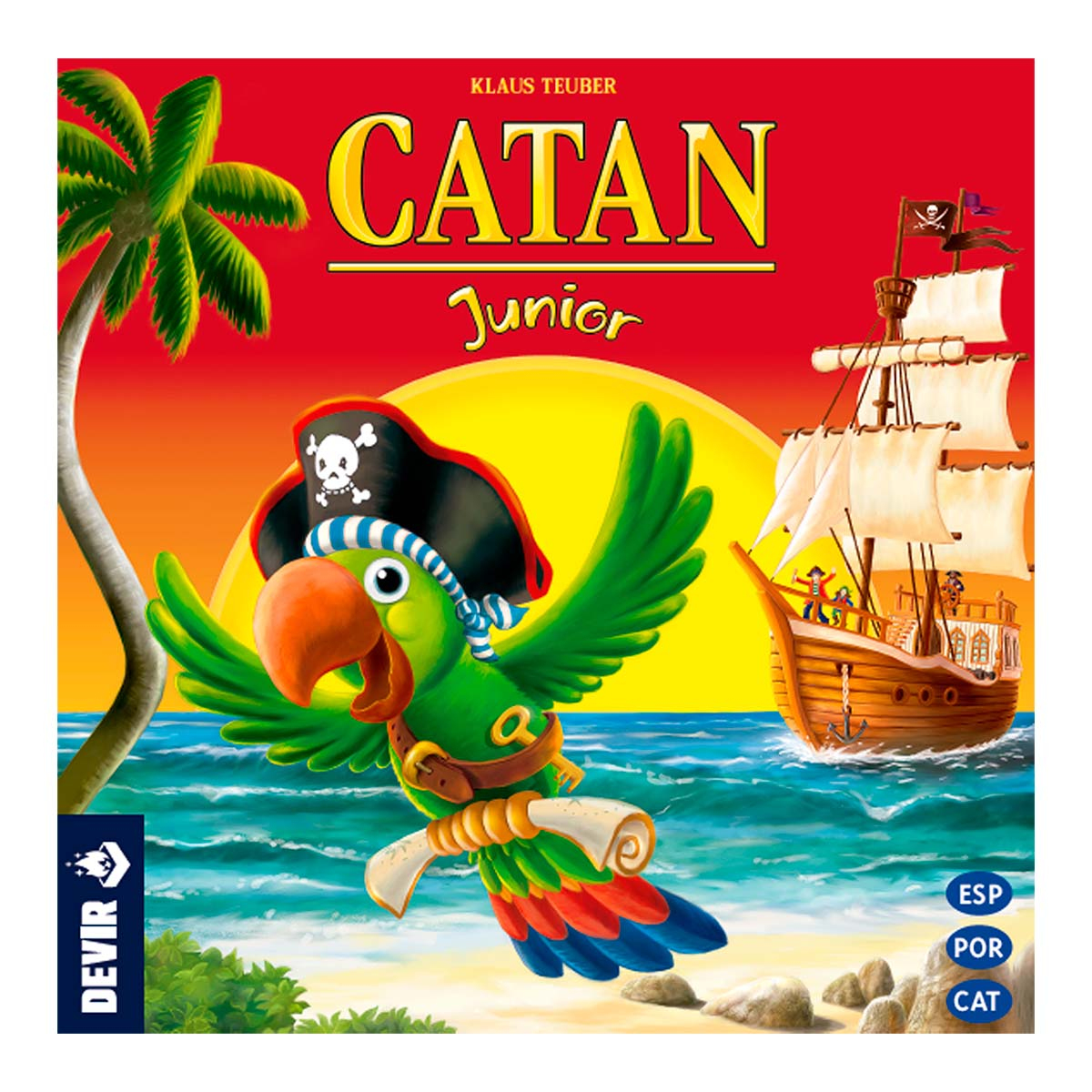 Caja del juego Catan Junior. Un loro con sombrero de pirata, barco, palmera y sol al fondo. Diseño colorido.