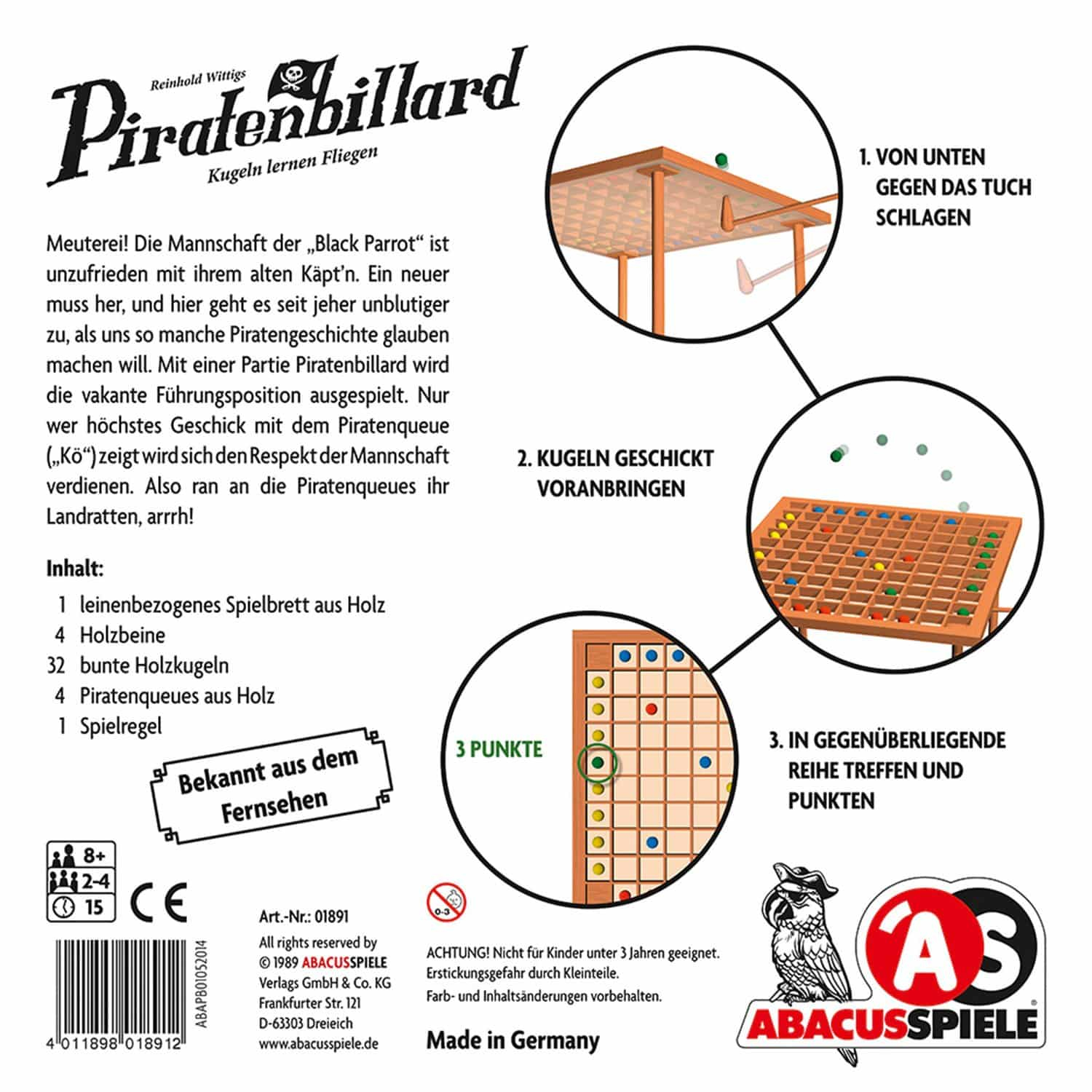 Schachtelkunst für ein Spiel. Zeigt ein Spielbrett, Kugeln und Illustrationen mit Text auf Deutsch. Die Marke ist Abacus Spiele.