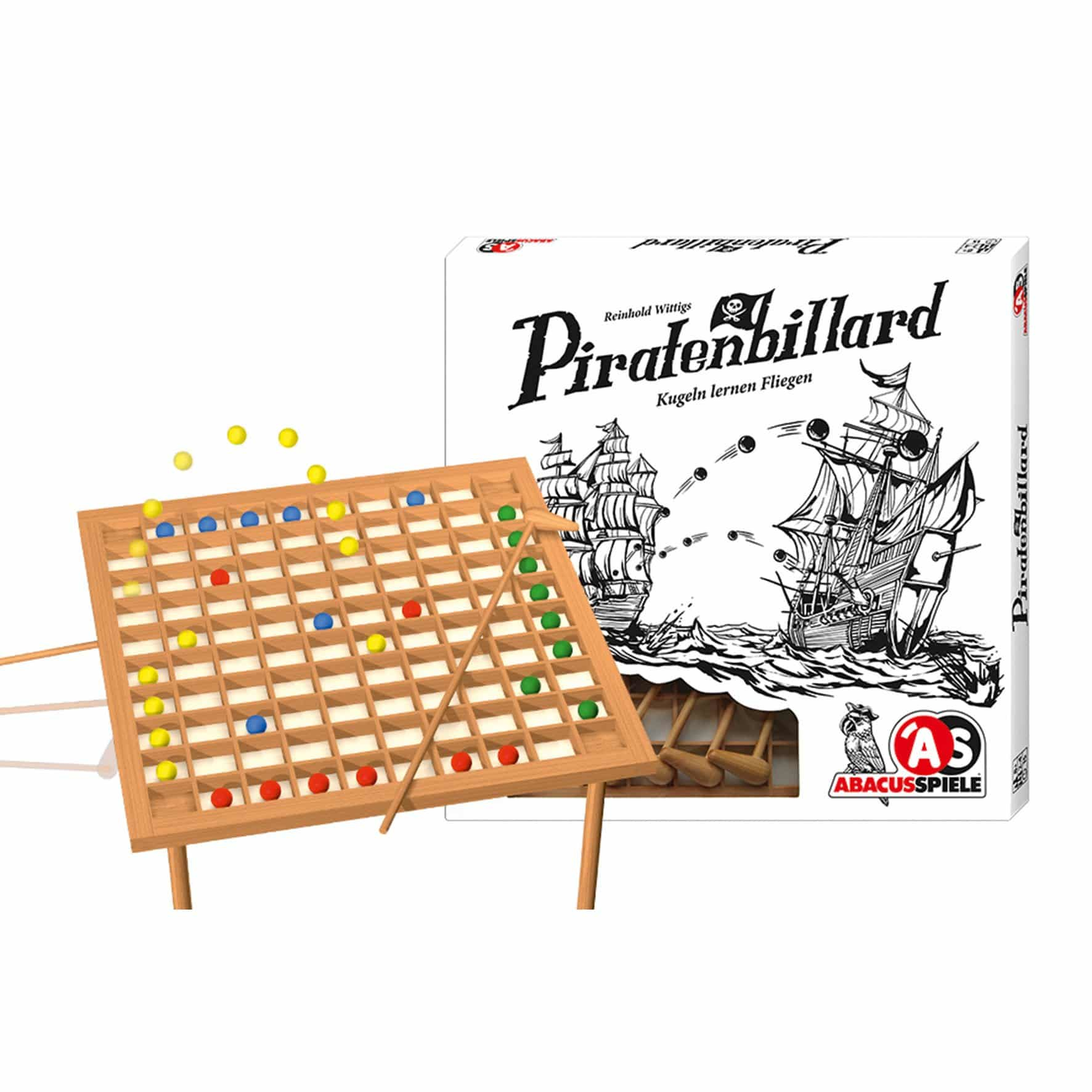 Ein Brettspiel namens 'Piratenbillard' mit bunten Kugeln. Eine Schachtel mit Piratenschiff-Illustration ist sichtbar.