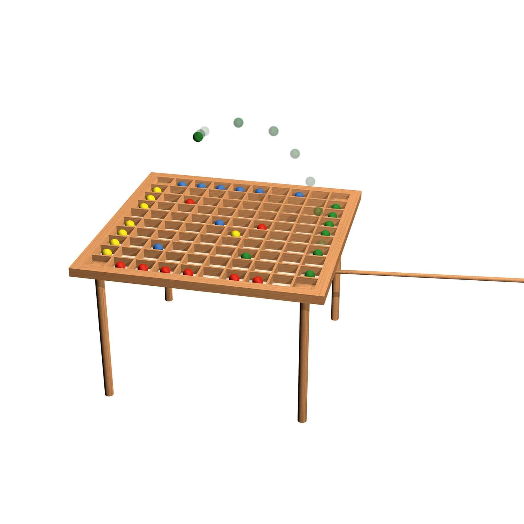 Holzbrettspiel mit farbigen Kugeln. Eine grüne Kugel ist in Bewegung. Das Brett steht auf einem Holztisch.