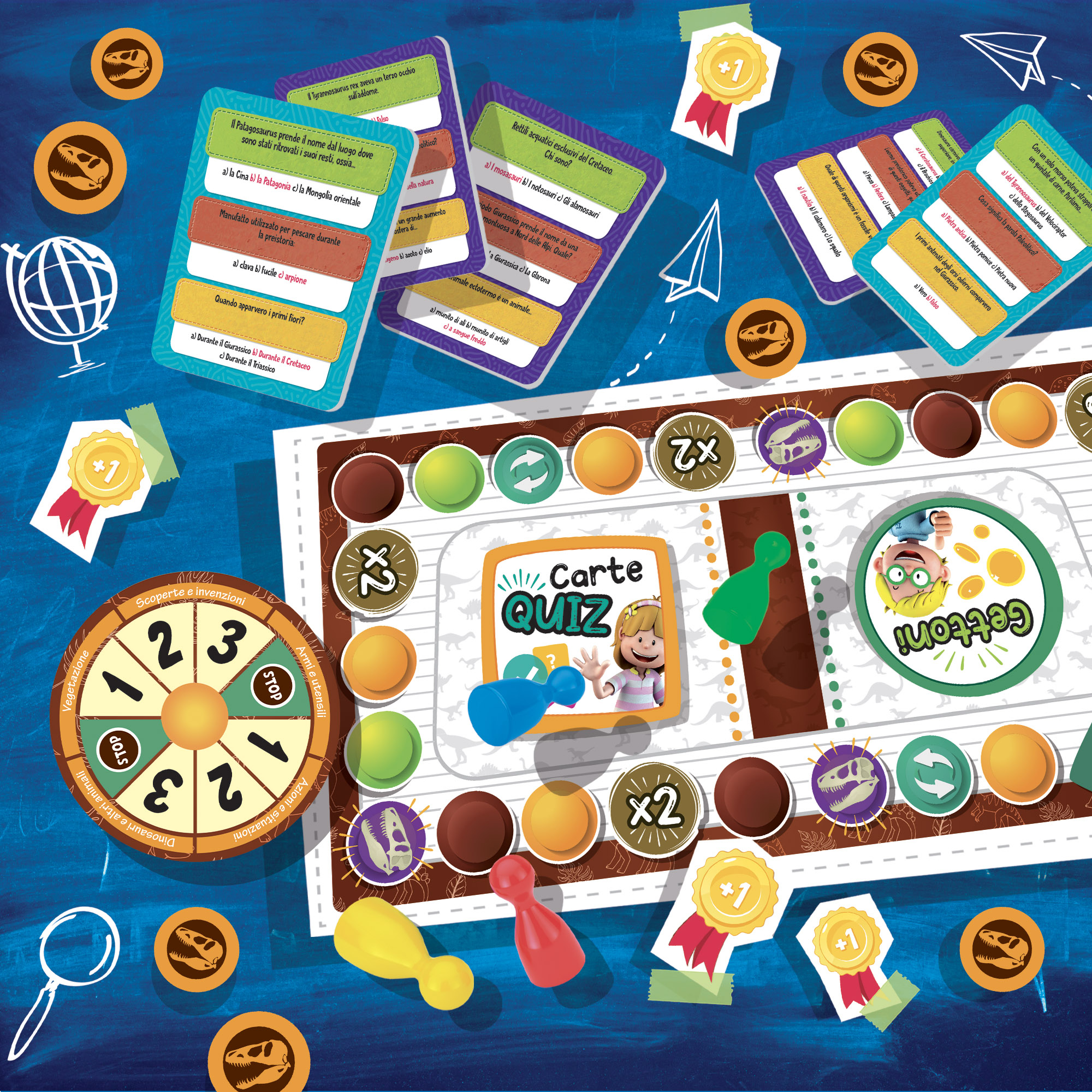 Brettspiel mit Karten und einem Glücksrad. Dinosaurier-Thema. Verschiedene Token und Spielsteine sind vorhanden.