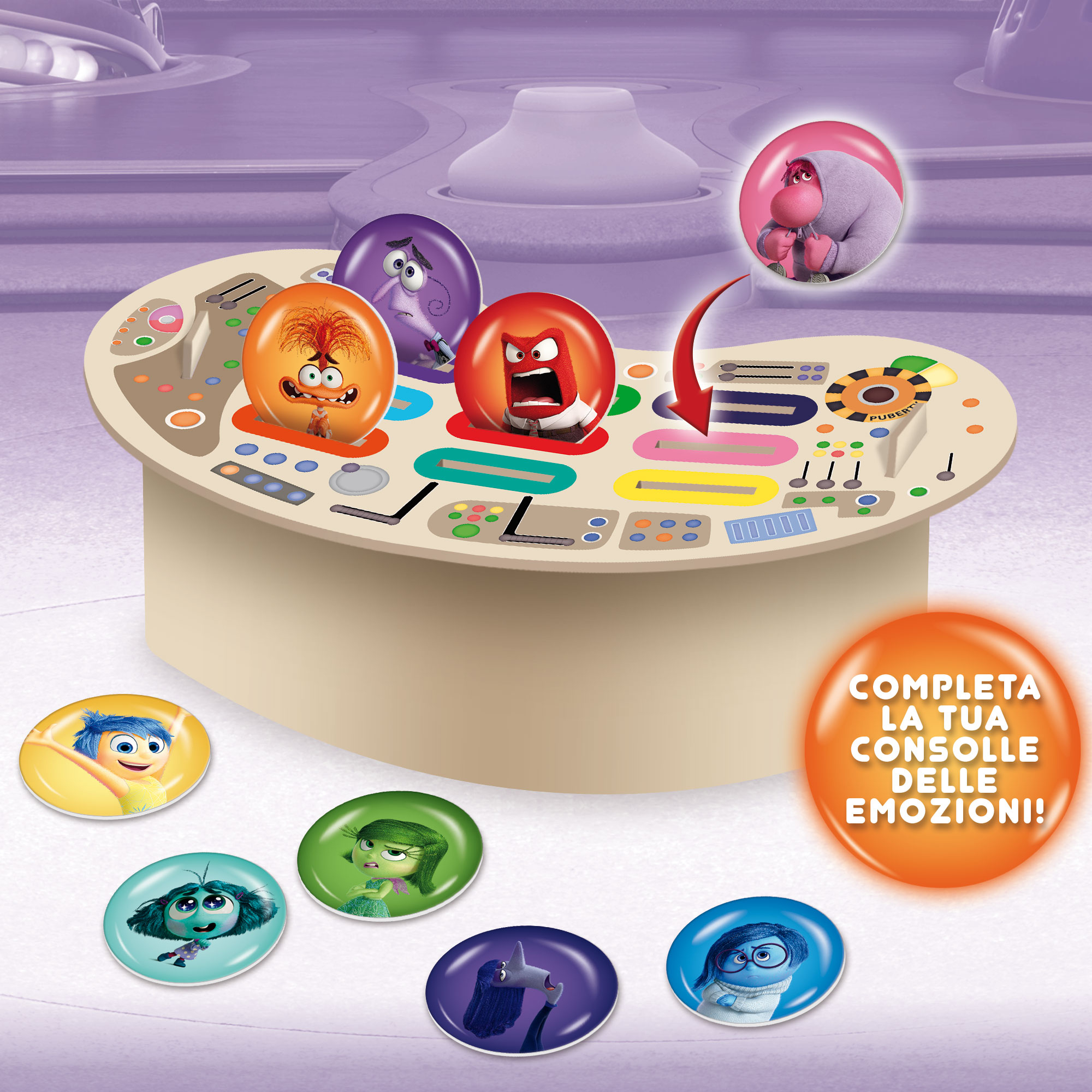 Inside Out Konsole mit Emotionen. Freude, Traurigkeit, Wut, Angst, Ekel und eine Pubertätsfigur werden gezeigt.