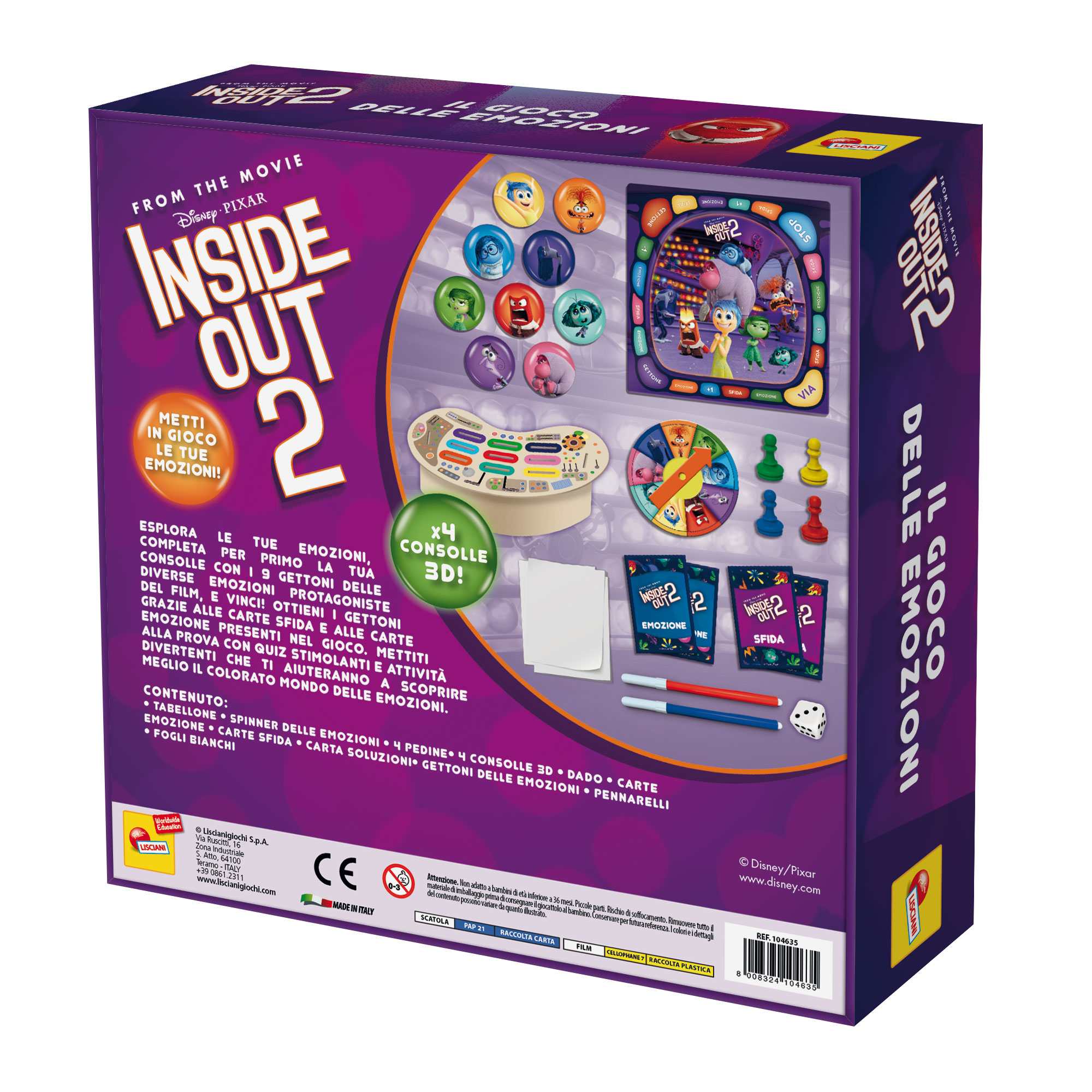 Schachtel des Inside Out 2 Spiels. Enthält Charaktere, Spielbrett und Text. Lila und buntes Design.