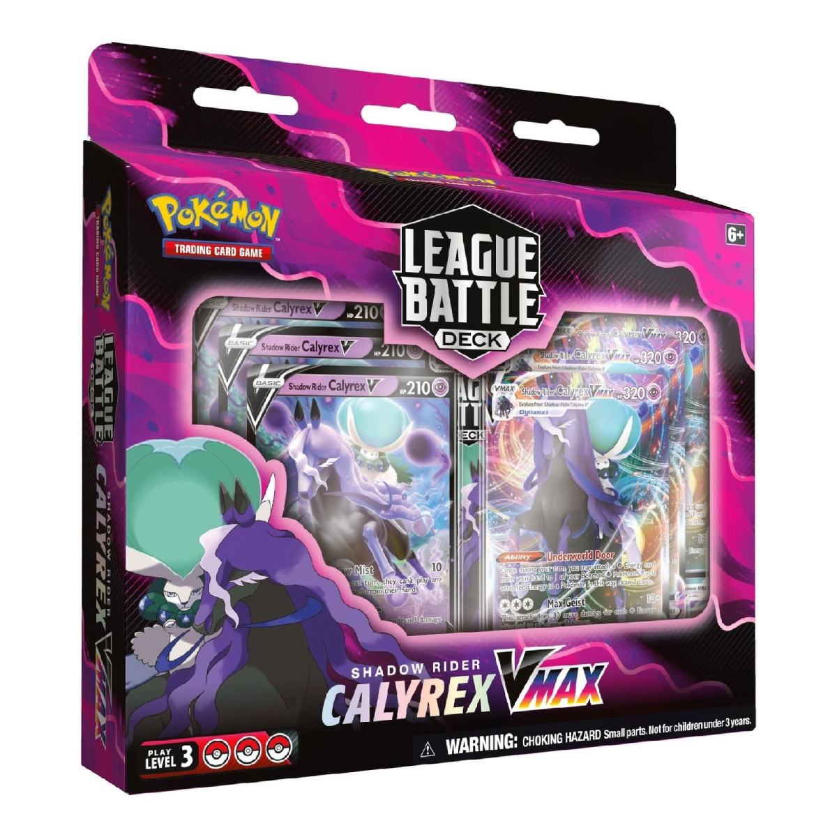 Una scatola di carte Pokémon con Shadow Rider Calyrex VMAX. La scatola è viola e rosa, con carte all'interno.