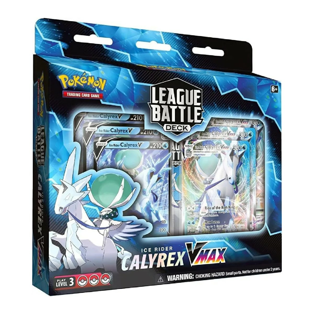 Illustrazione della scatola di un gioco di carte collezionabili Pokémon. Presenta Ice Rider Calyrex VMAX su un cavallo bianco, con il titolo e il logo.