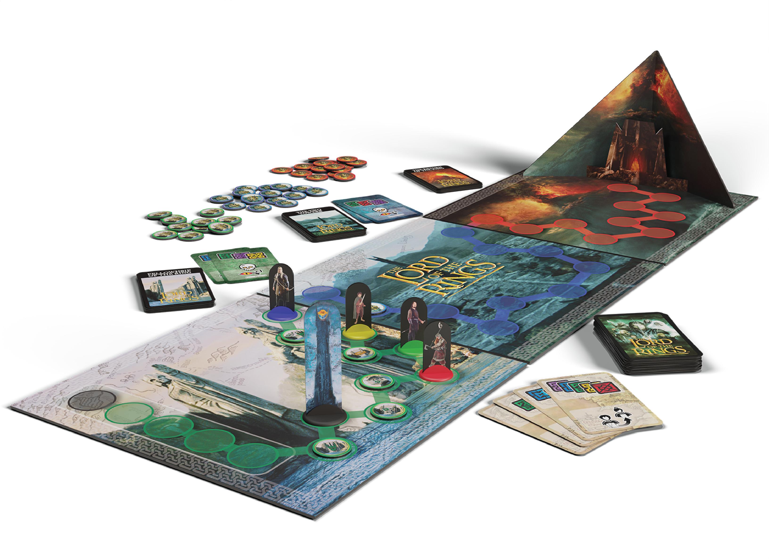 Juego de mesa El Señor de los Anillos. Tablero, cartas y piezas sobre una superficie blanca.