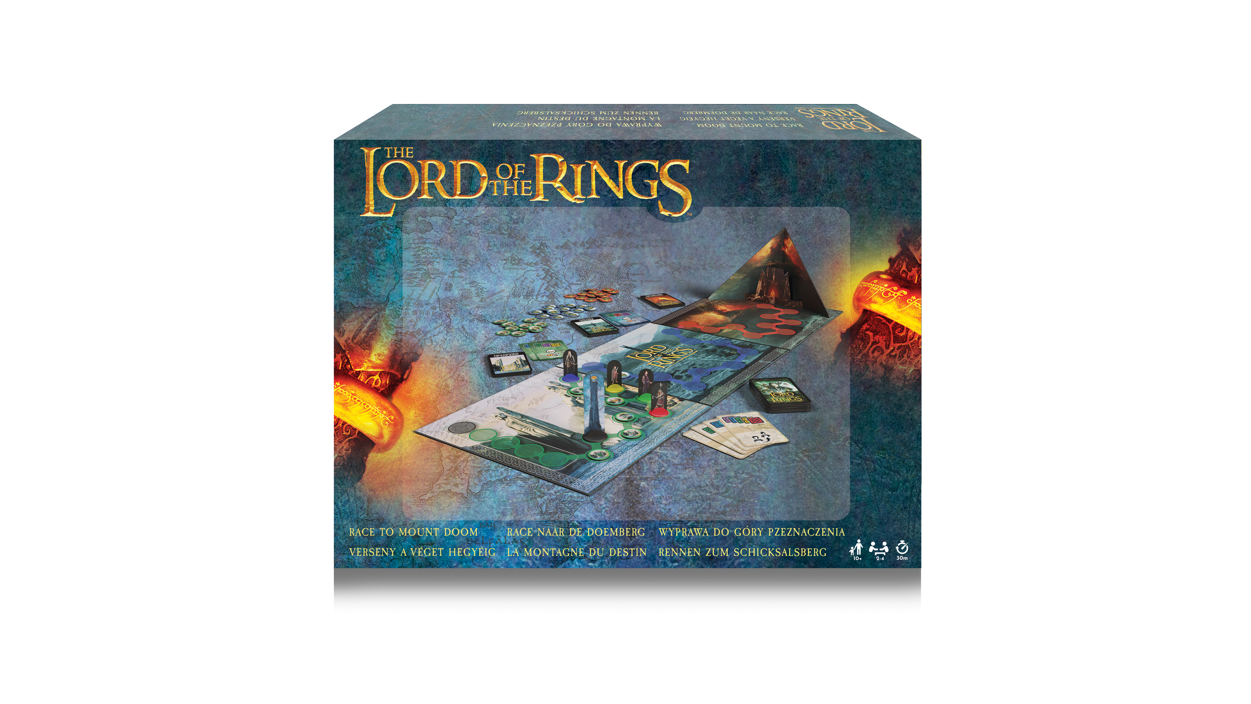 Caja del juego de mesa El Señor de los Anillos. La caja muestra el tablero con figuras y cartas. Hay texto en varios idiomas.