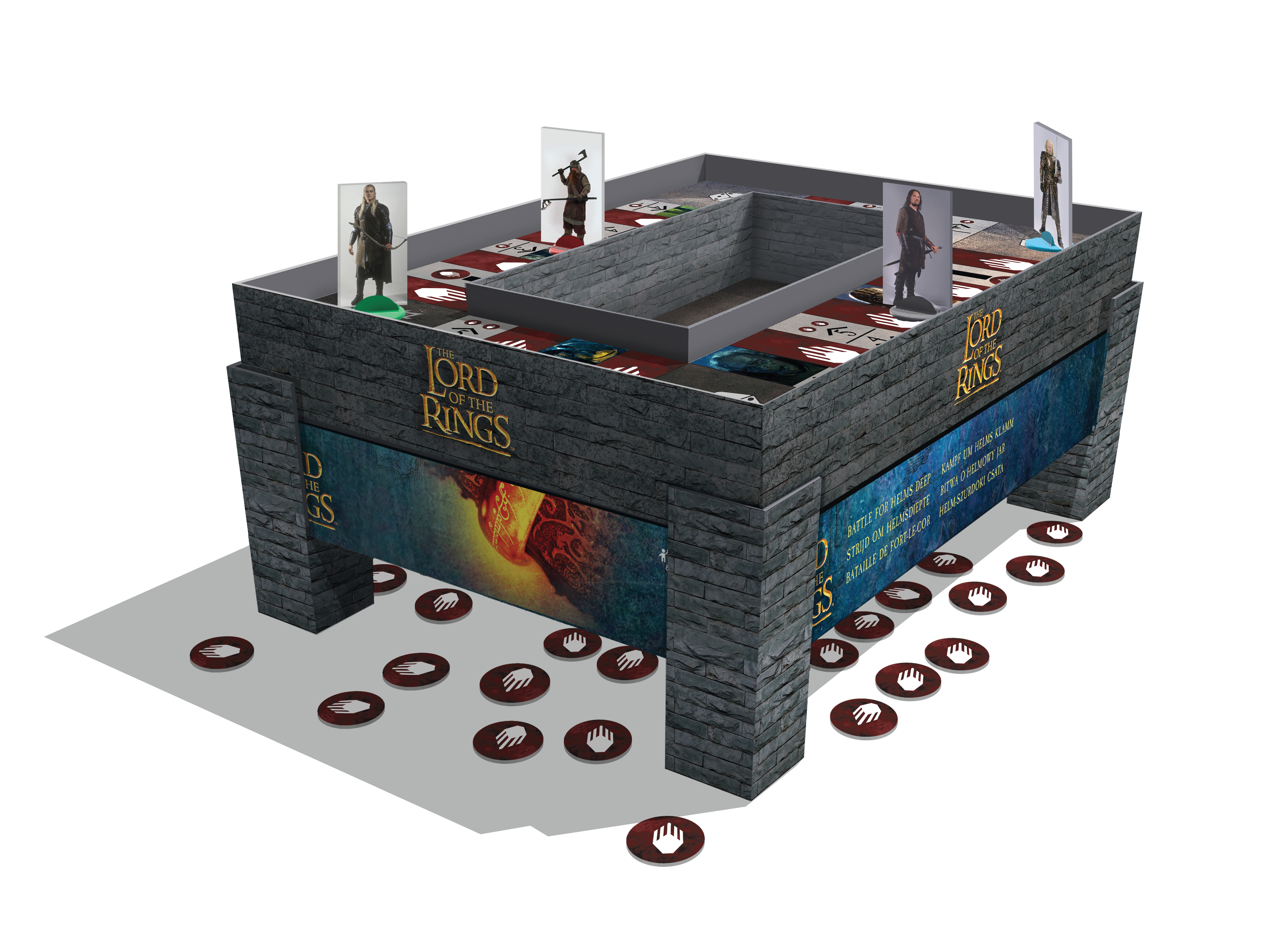 Un juego de mesa de El Señor de los Anillos. Figuras sobre el tablero, rodeadas por una pared de piedra. Fichas dispersas.