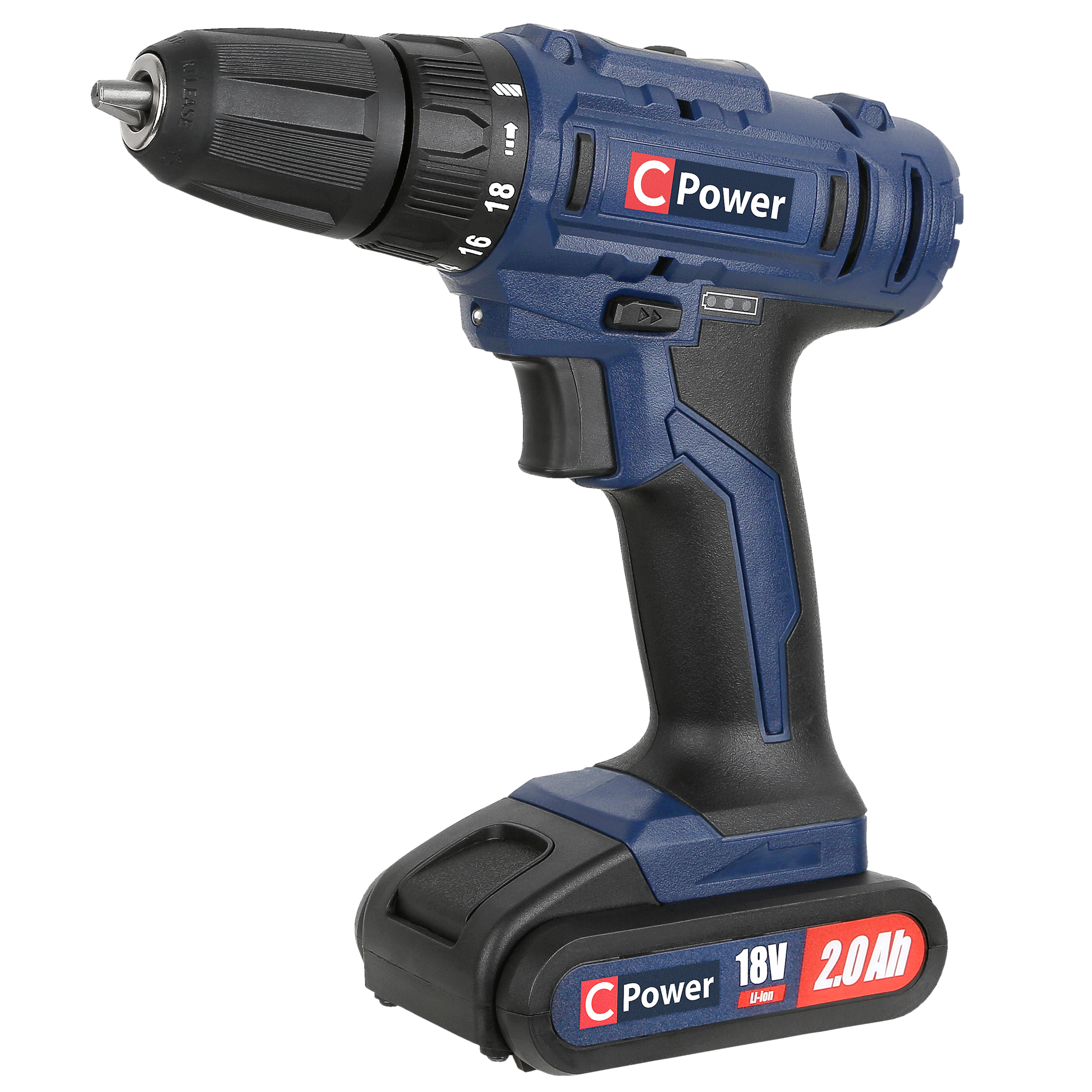 Niebiesko-czarna wiertarko-wkrętarka akumulatorowa C Power z akumulatorem. Wiertarka ma regulowane ustawienie momentu obrotowego.