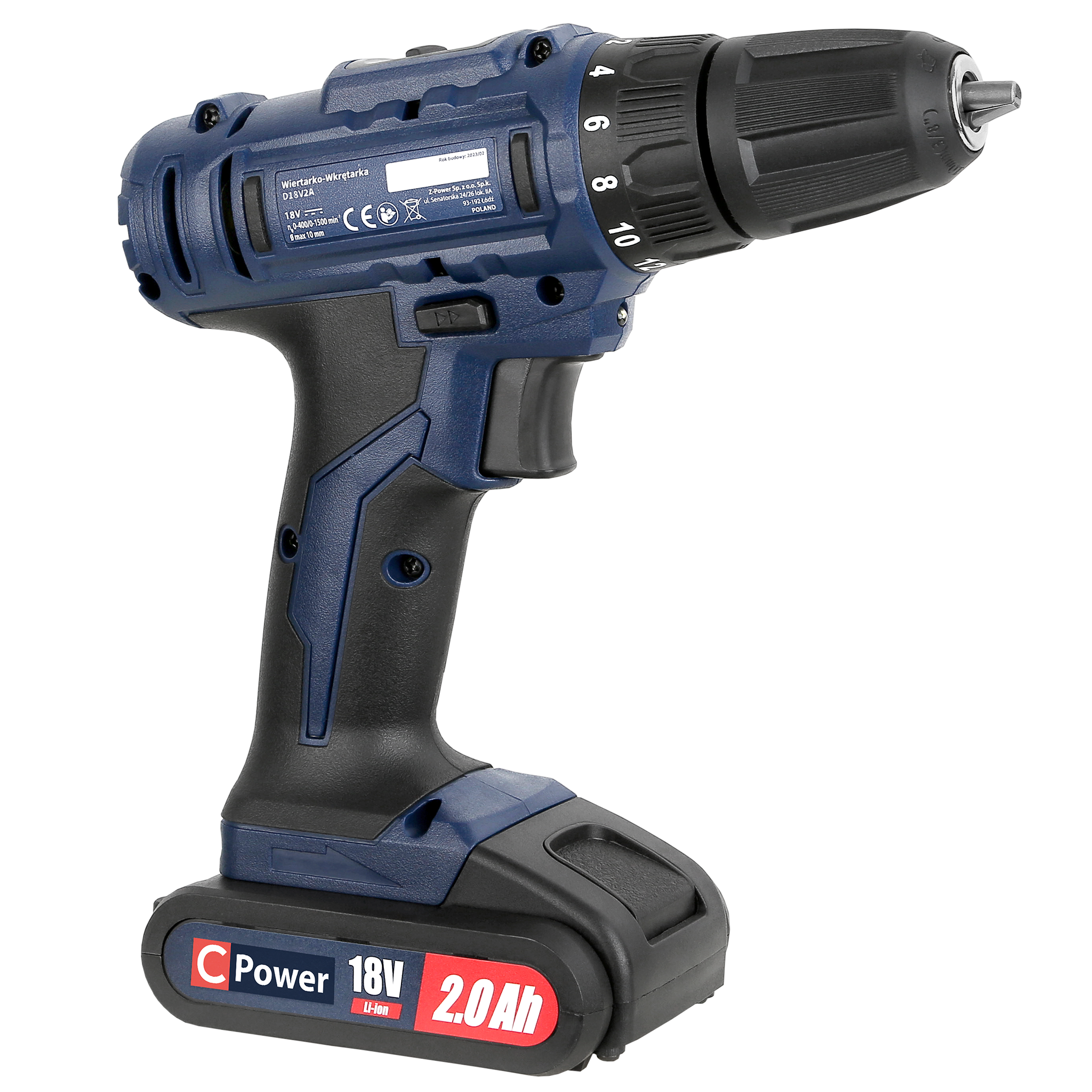 Niebiesko-czarna wiertarko-wkrętarka akumulatorowa. Ma czarny akumulator i czarny uchwyt. Widoczne są liczby 4,6,8,10,12.