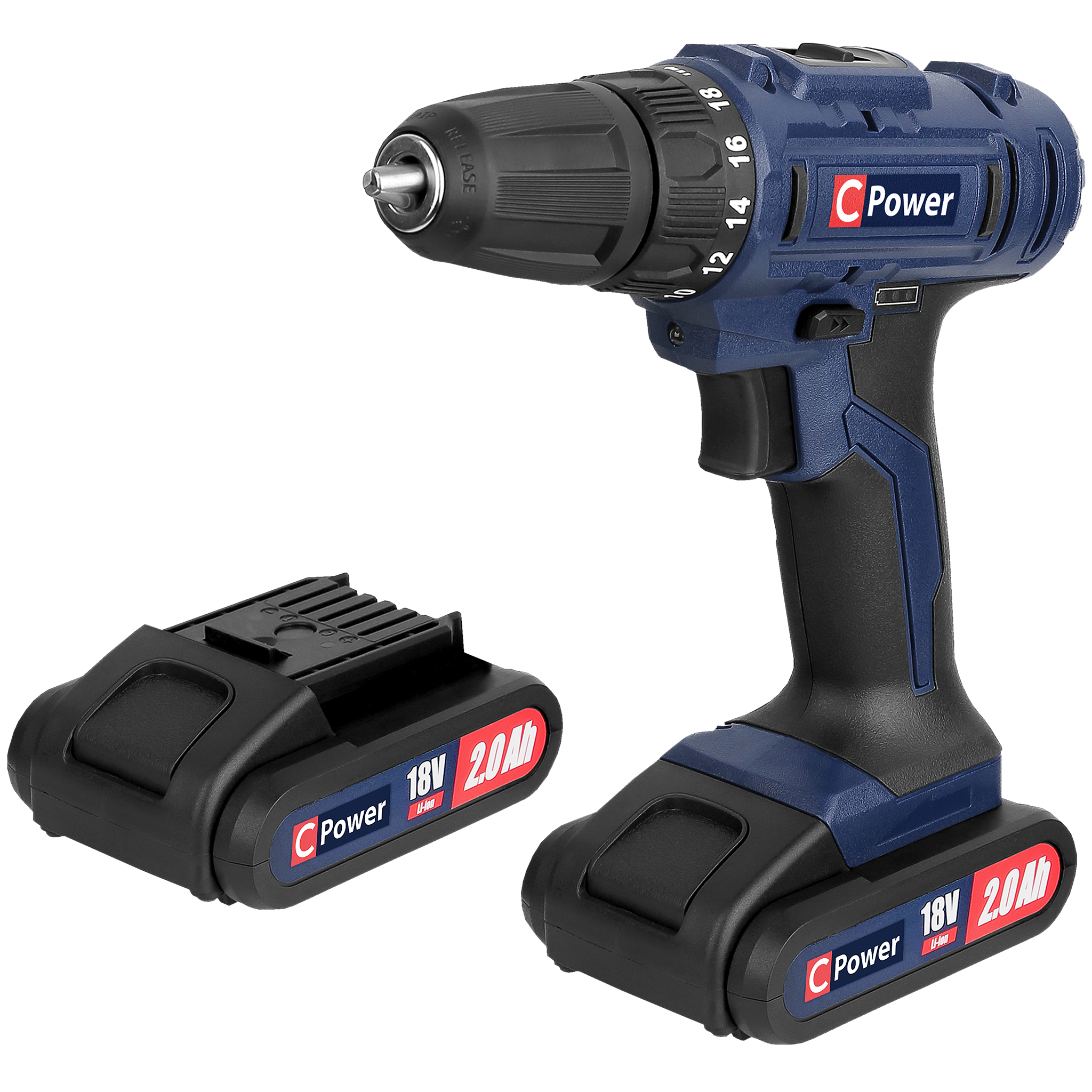 Niebiesko-czarna wiertarka C Power z odłączonym akumulatorem. Wiertarka ma czarny uchwyt i akumulator 18V 2.0Ah.