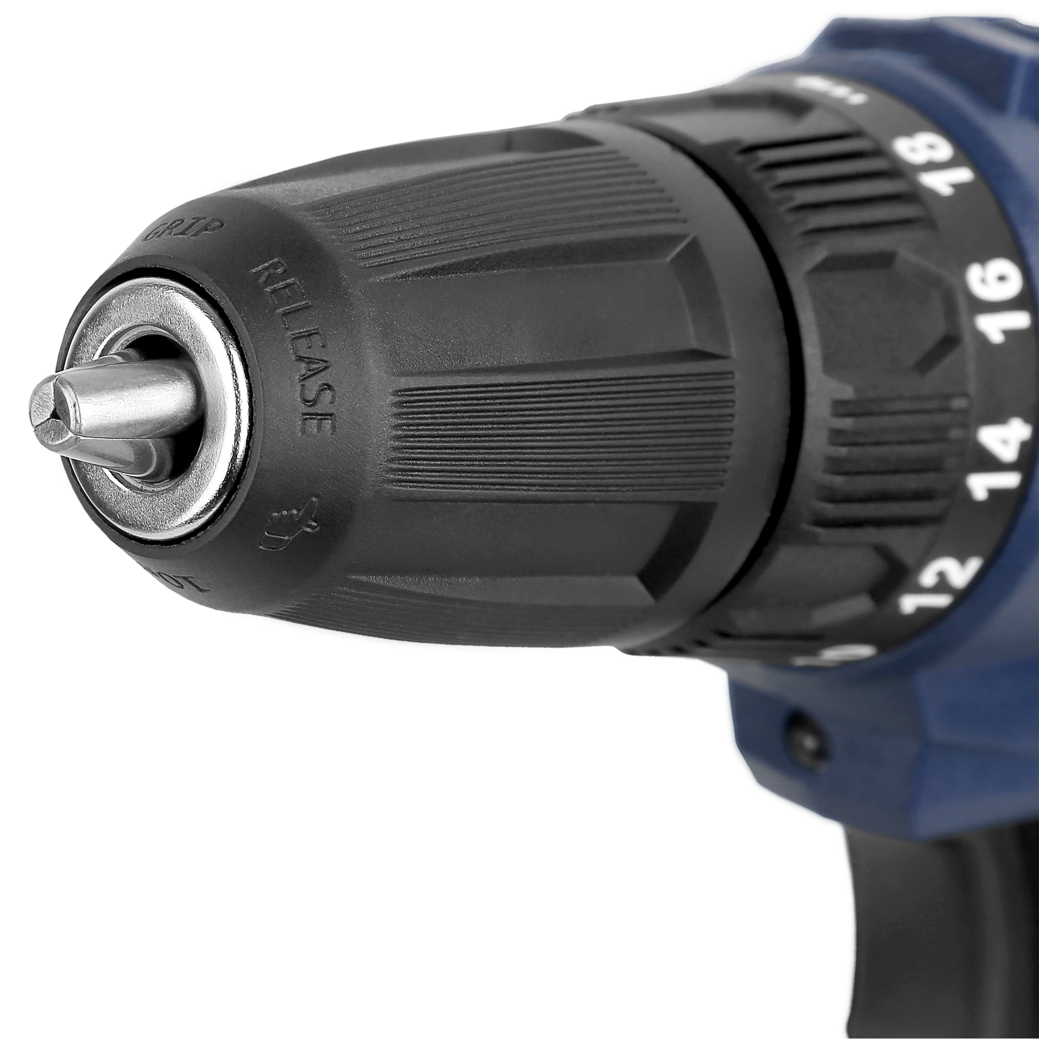 Zbliżenie wiertarki. Czarny uchwyt z srebrnymi detalami, niebieski korpus, numery 12-18.