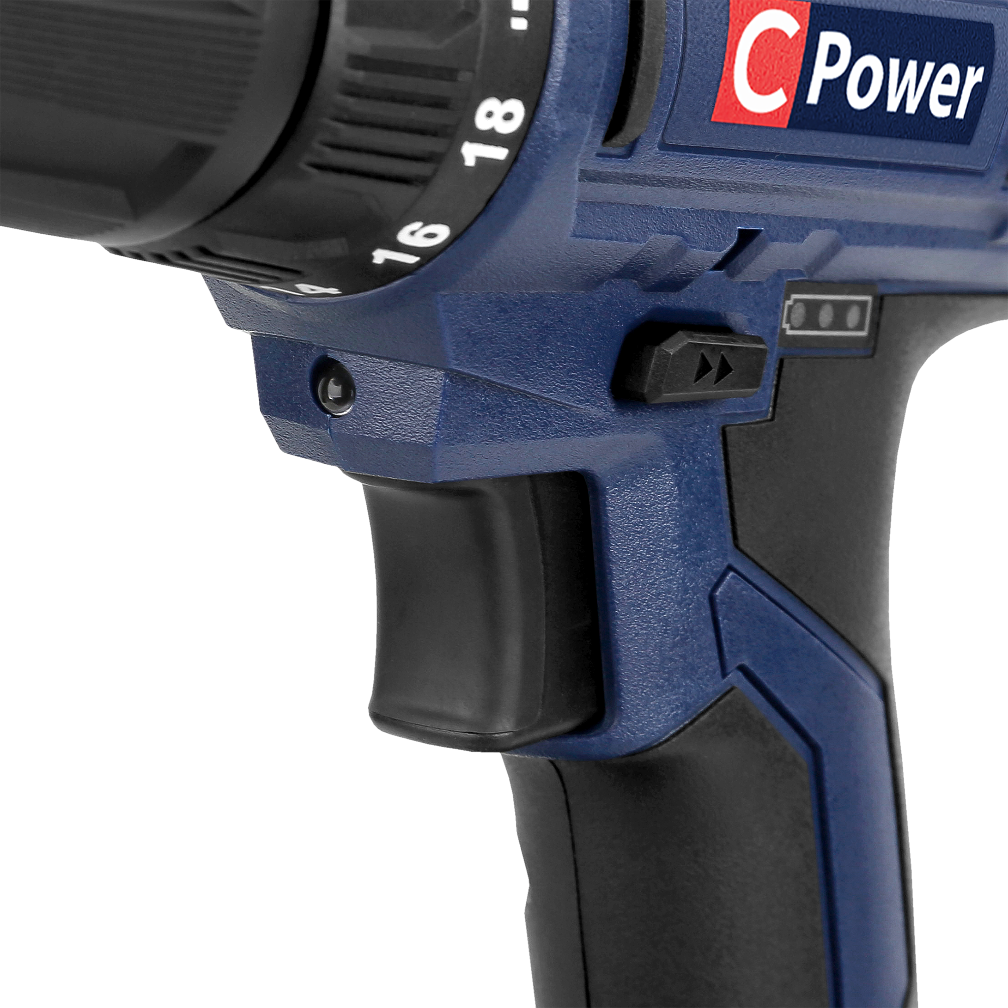 Zbliżenie niebiesko-czarnej wiertarki C Power. Widoczne ustawienia prędkości, spust i wskaźnik naładowania baterii.