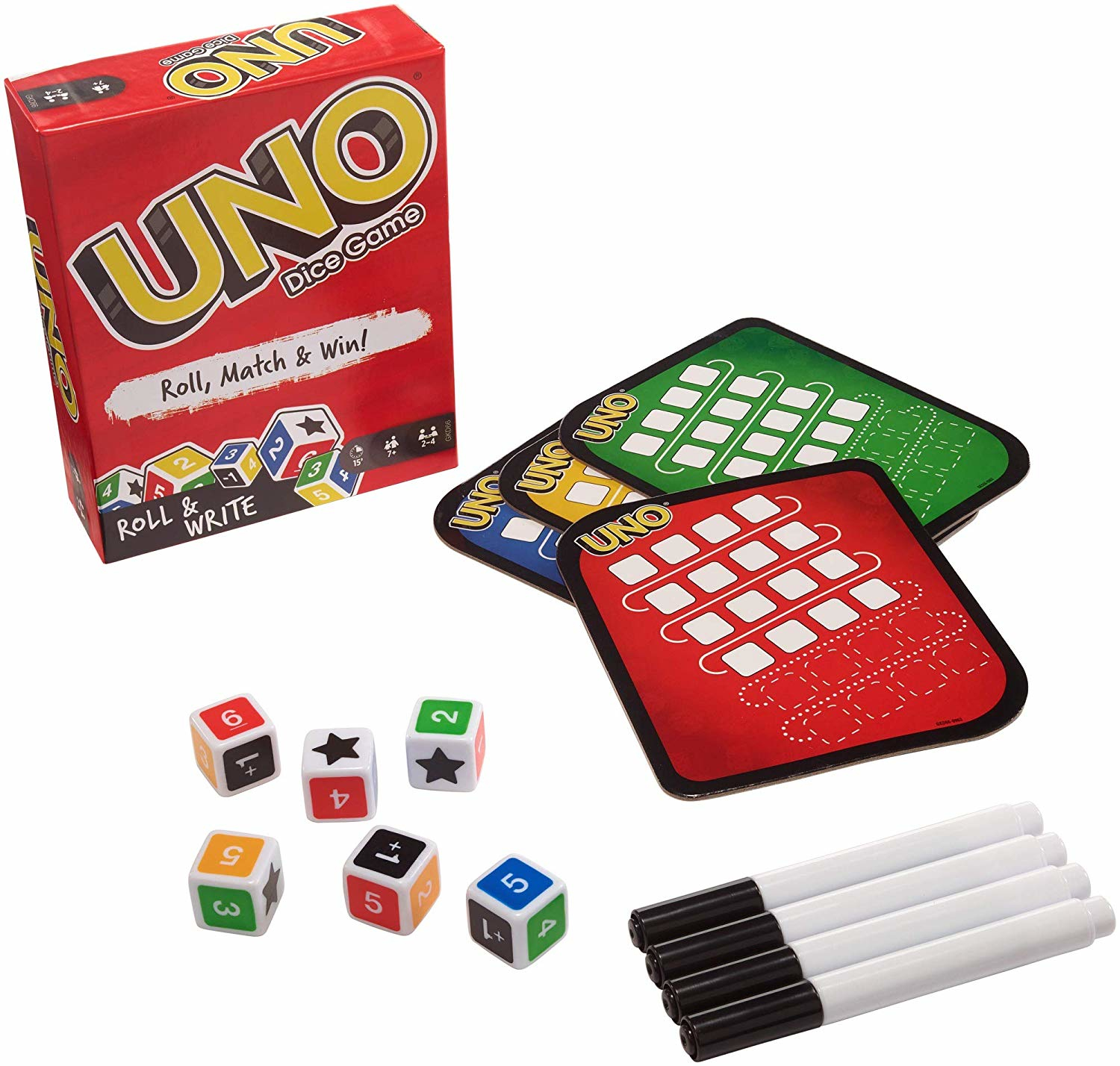 Eine rote UNO-Würfelspielbox mit Würfeln, Spielkarten und Markern. Würfel zeigen Zahlen und Symbole. Spielkarten sind rot, grün und blau.