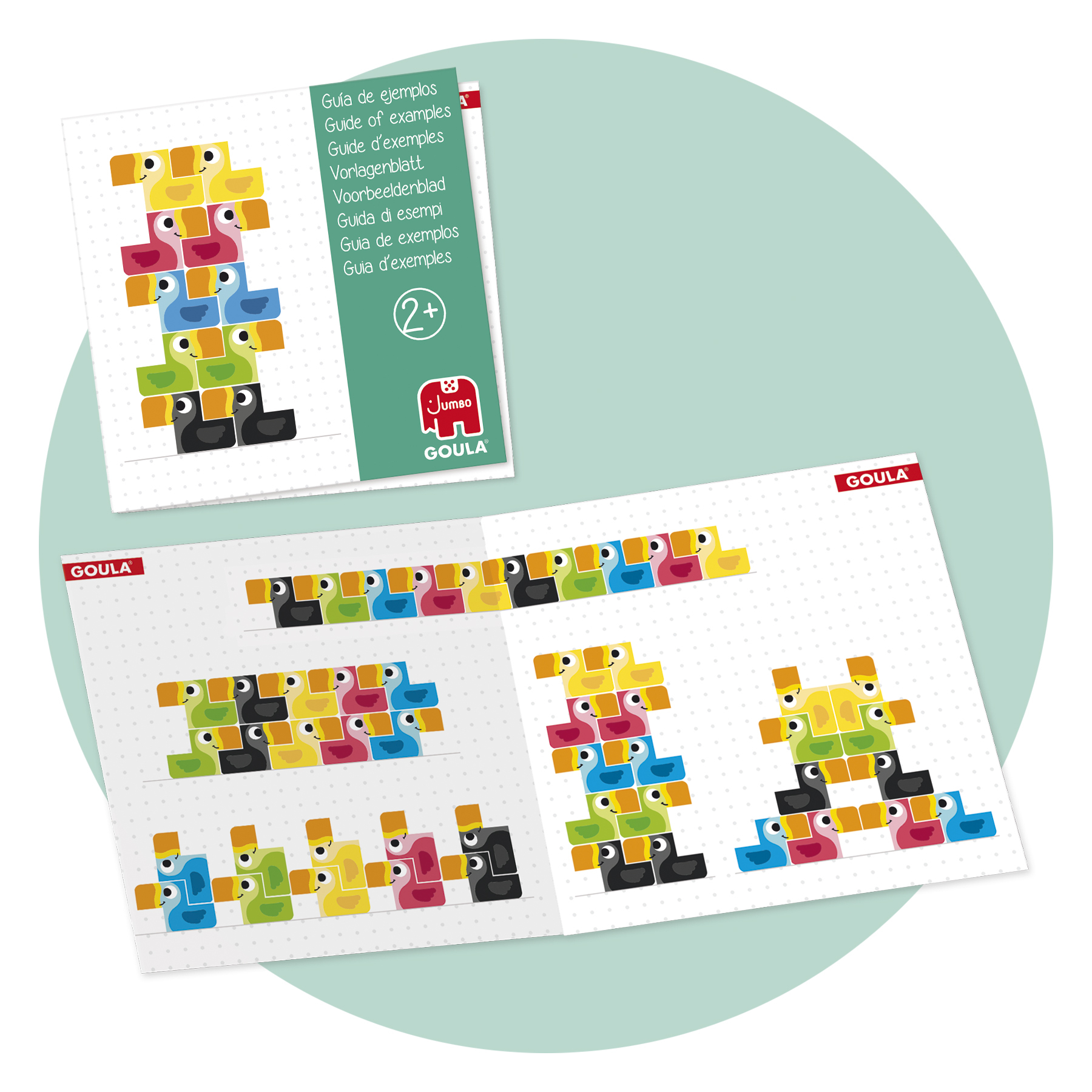 La imagen muestra un juego de rompecabezas con formas de patos y diseños de ejemplo, con texto en varios idiomas.